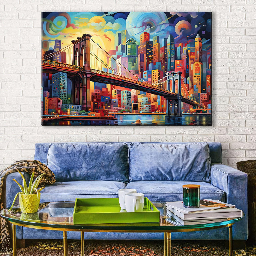 a large, colorful painting of a cityscape with a bridge in the background, hanging on a white brick wall above a blue couch.