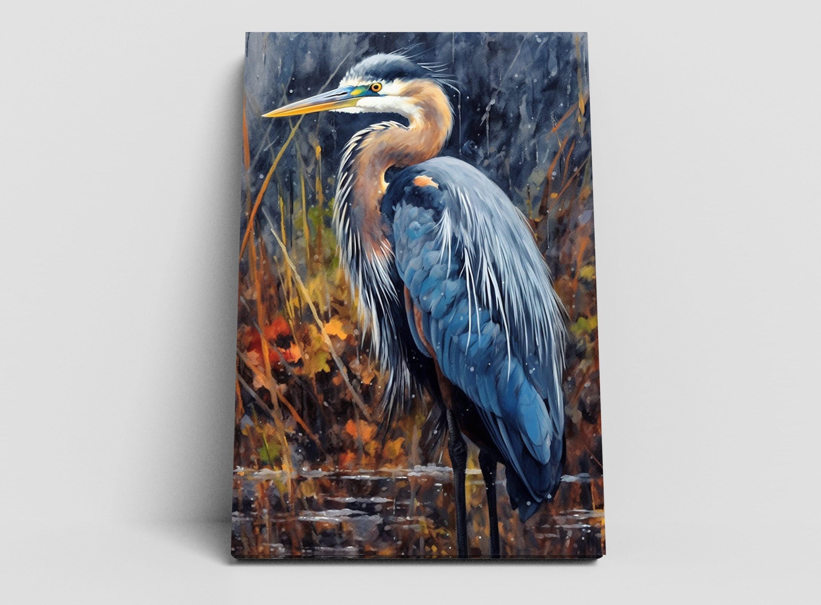 Waterside Blue Heron Watercolor Art for Wall Display, Giclee Print on Canvas, Artist Paper, Watercolor Paper, Available in Extra Large Sizes