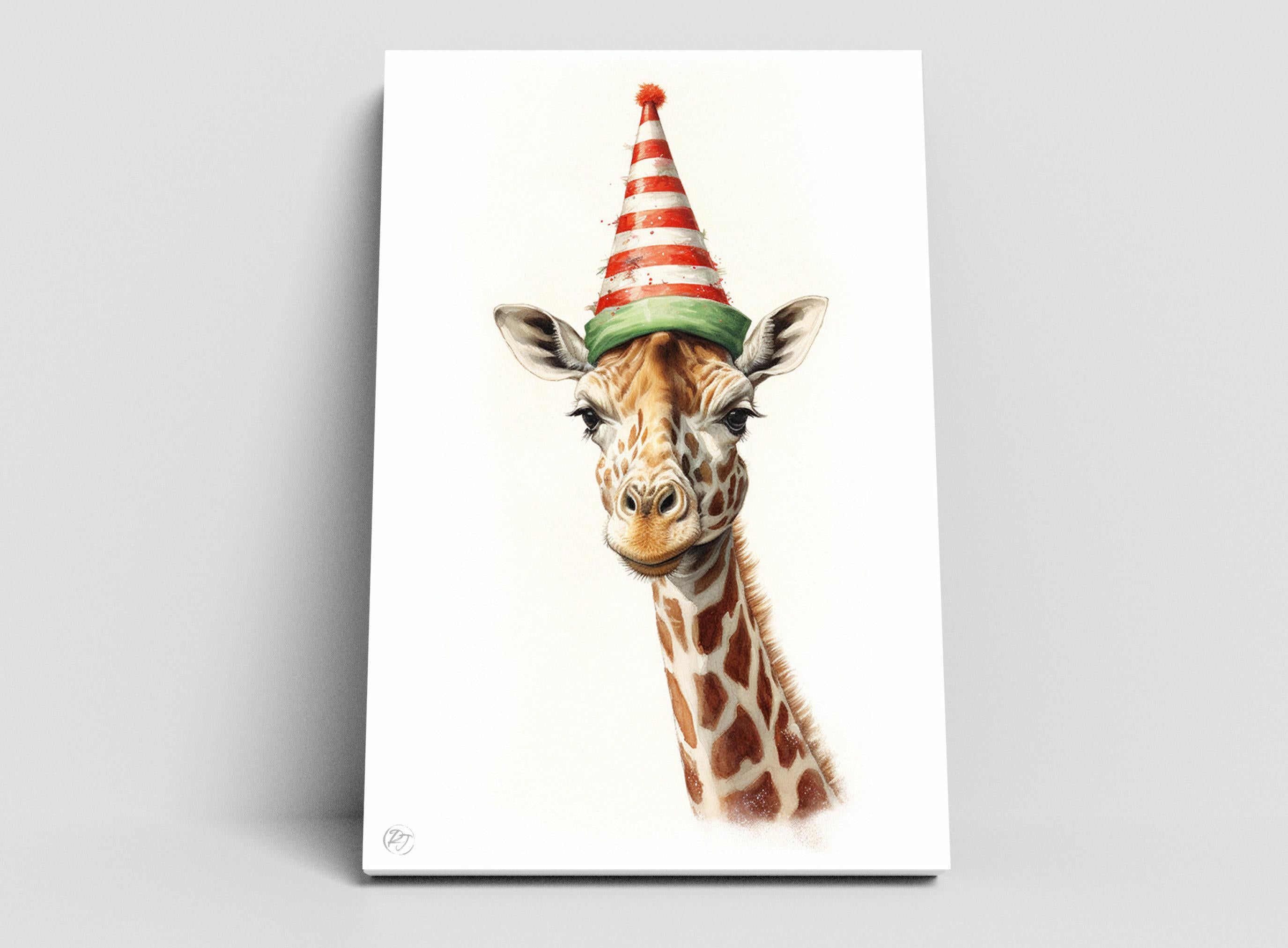 Christmas Safari - Watercolor Giraffe with Santa Hat, Giclee Print on Canvas, Artist Paper, Watercolor Paper, Available in Extra Large Sizes