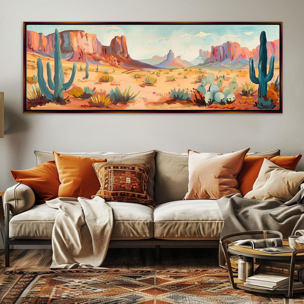 a living room with a couch and a painting on the wall
