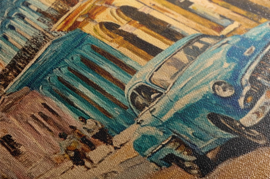 a close up of a painting of a blue car