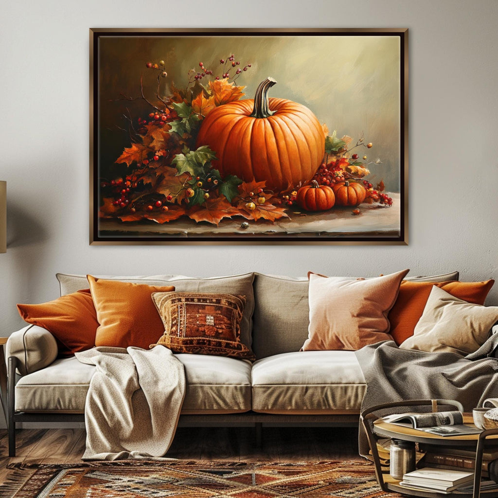 a large painting of a pumpkin and autumn leaves hanging on a wall above a couch with orange and beige pillows.