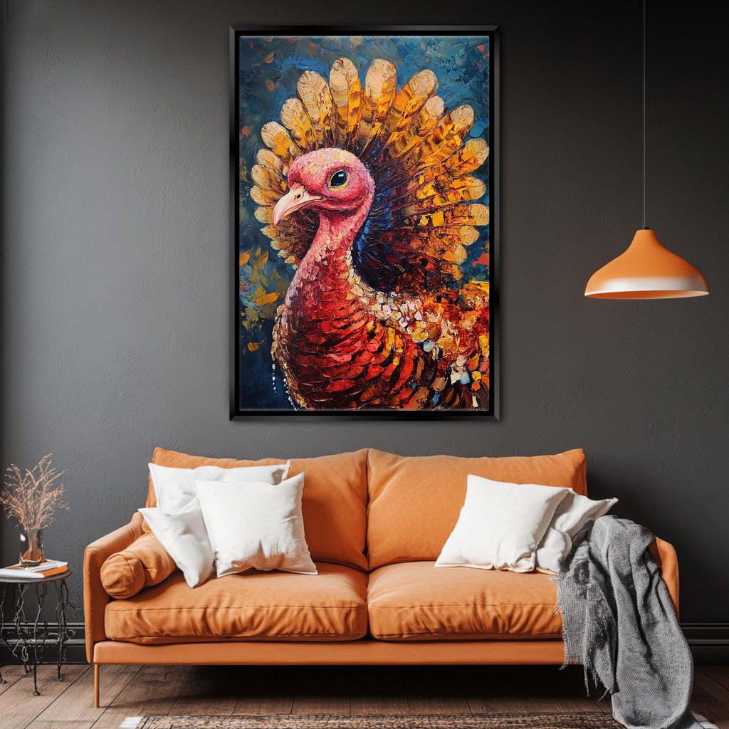 a large, colorful painting of a turkey hanging on a wall above a cozy living room setting with a couch and a lamp.