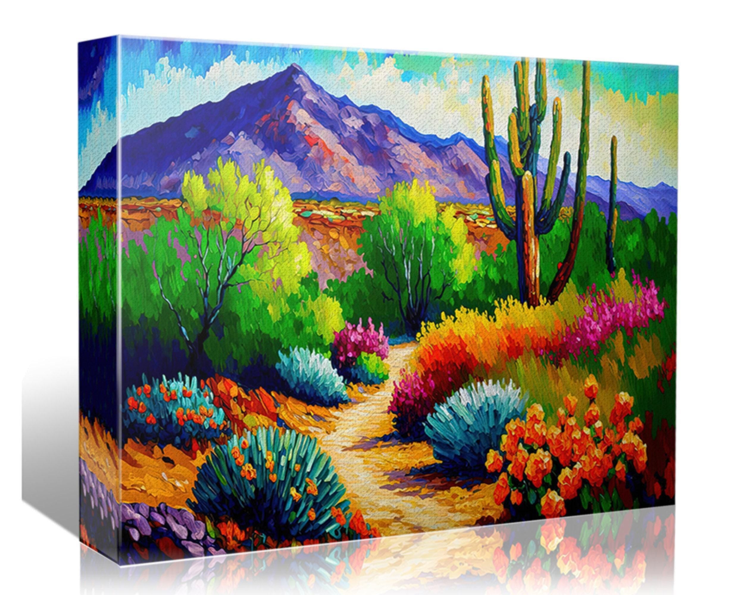 The image is a vibrant, colorful painting depicting a desert landscape with a winding path leading through a variety of desert plants and flowers. The painting showcases the beauty and diversity of the desert environment, with the mountains in the background adding depth and scale to the scene.