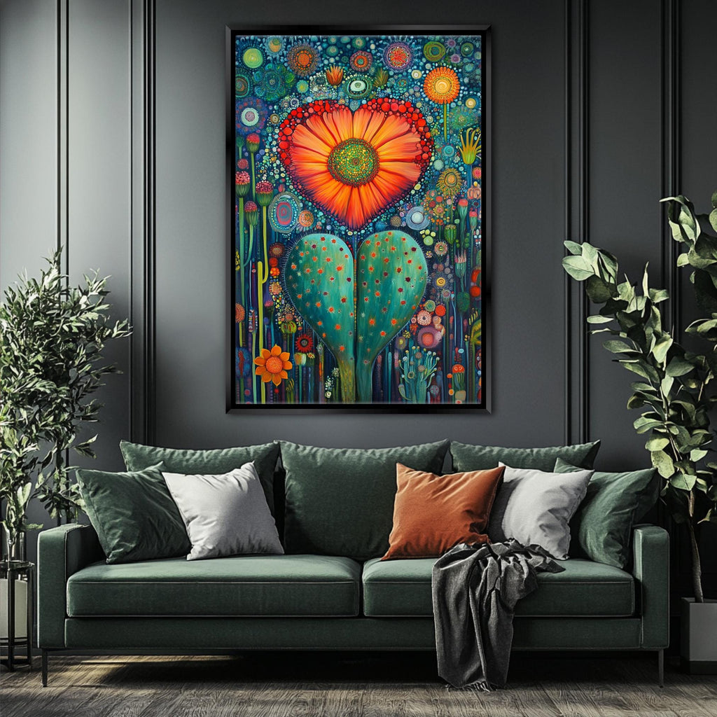 a living room with a green couch and a painting on the wall