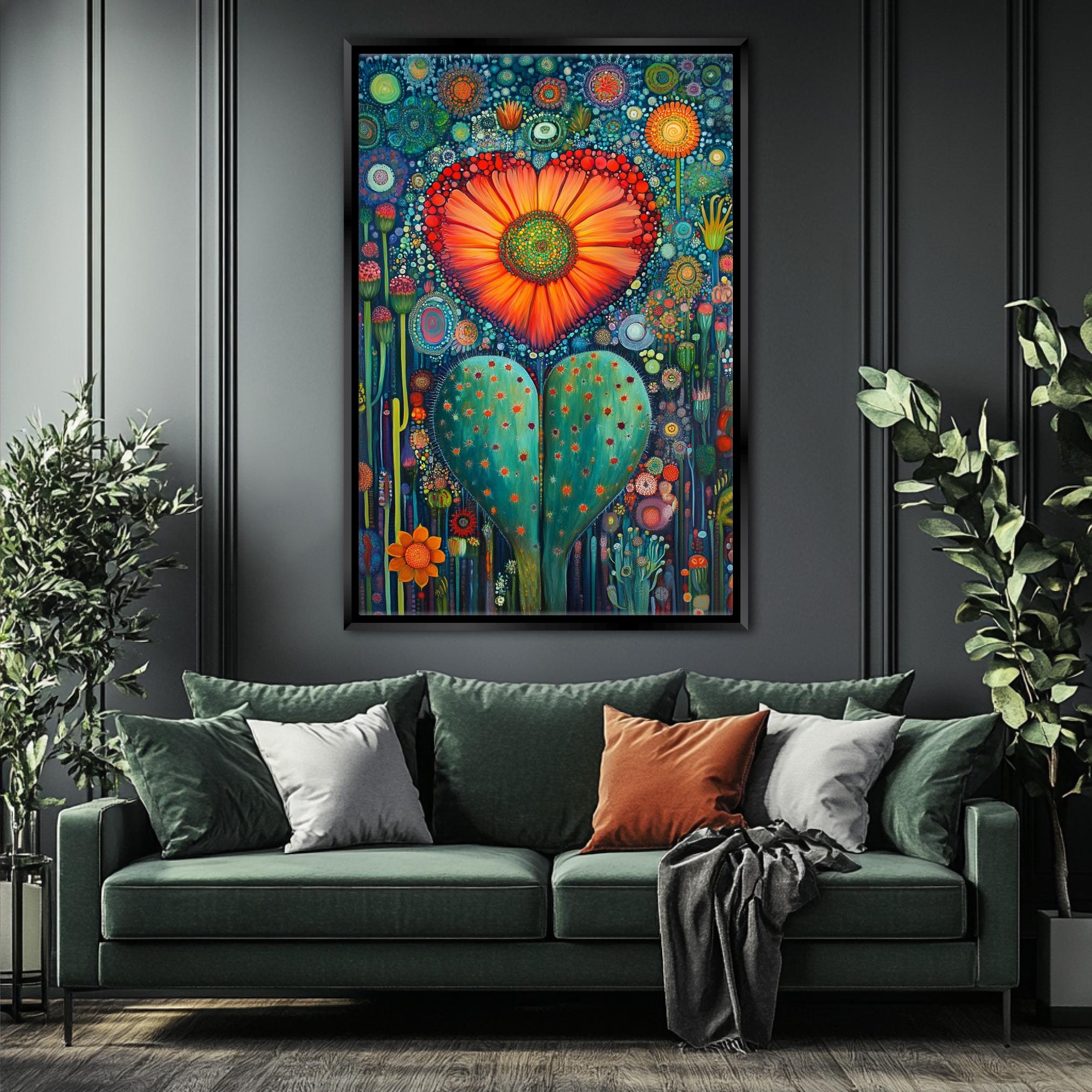 a living room with a green couch and a painting on the wall