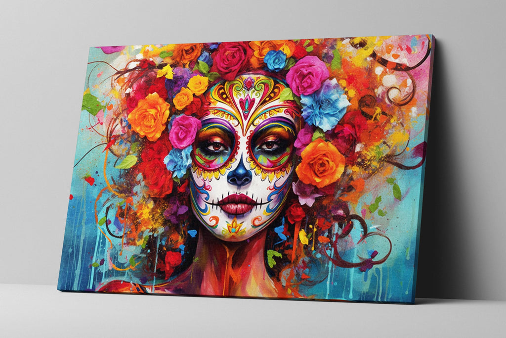 A vibrant and colorful painting depicting a woman's face with intricate floral and geometric patterns surrounding her, creating a festive and celebratory atmosphere.
