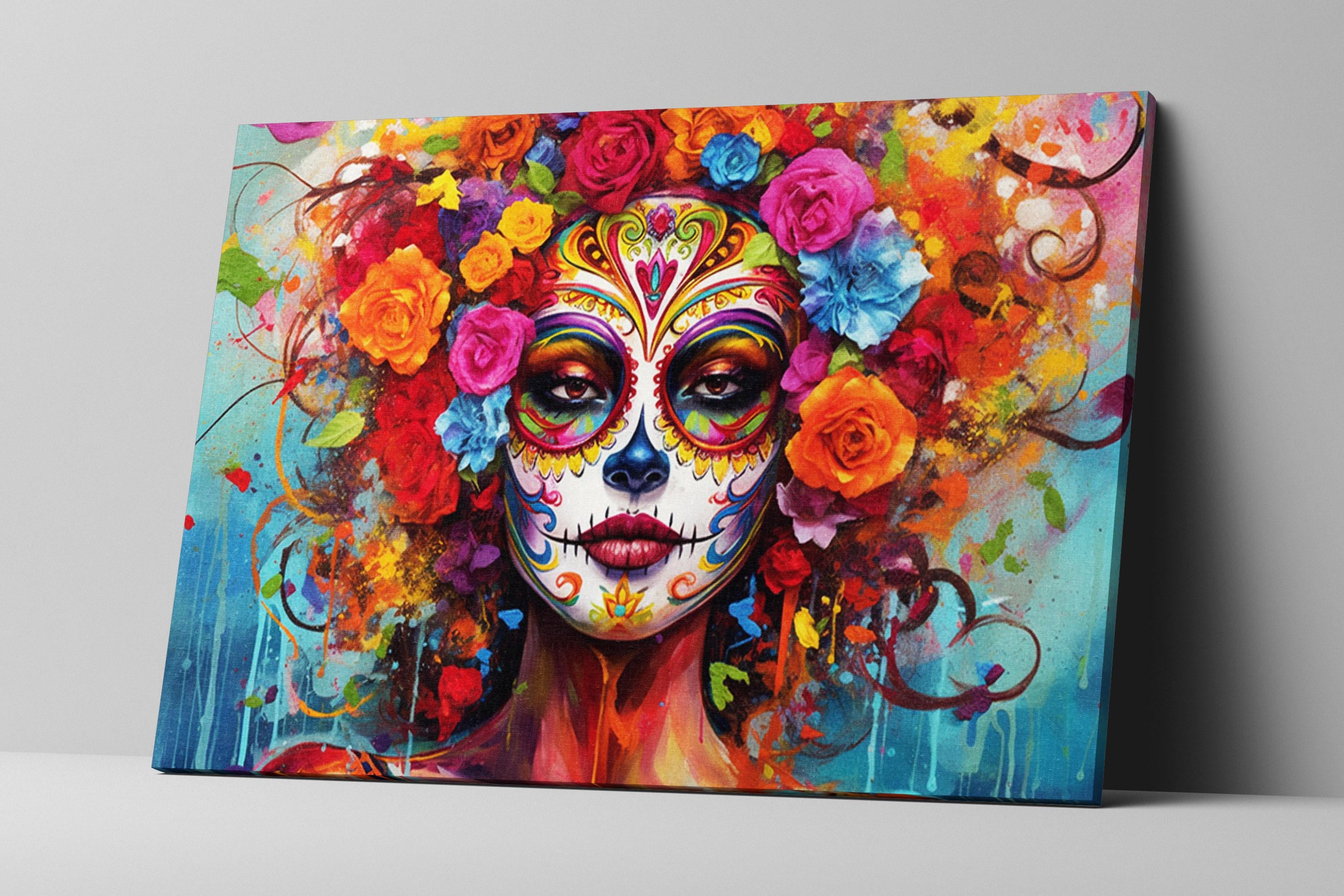 A vibrant and colorful painting depicting a woman's face with intricate floral and geometric patterns surrounding her, creating a festive and celebratory atmosphere.