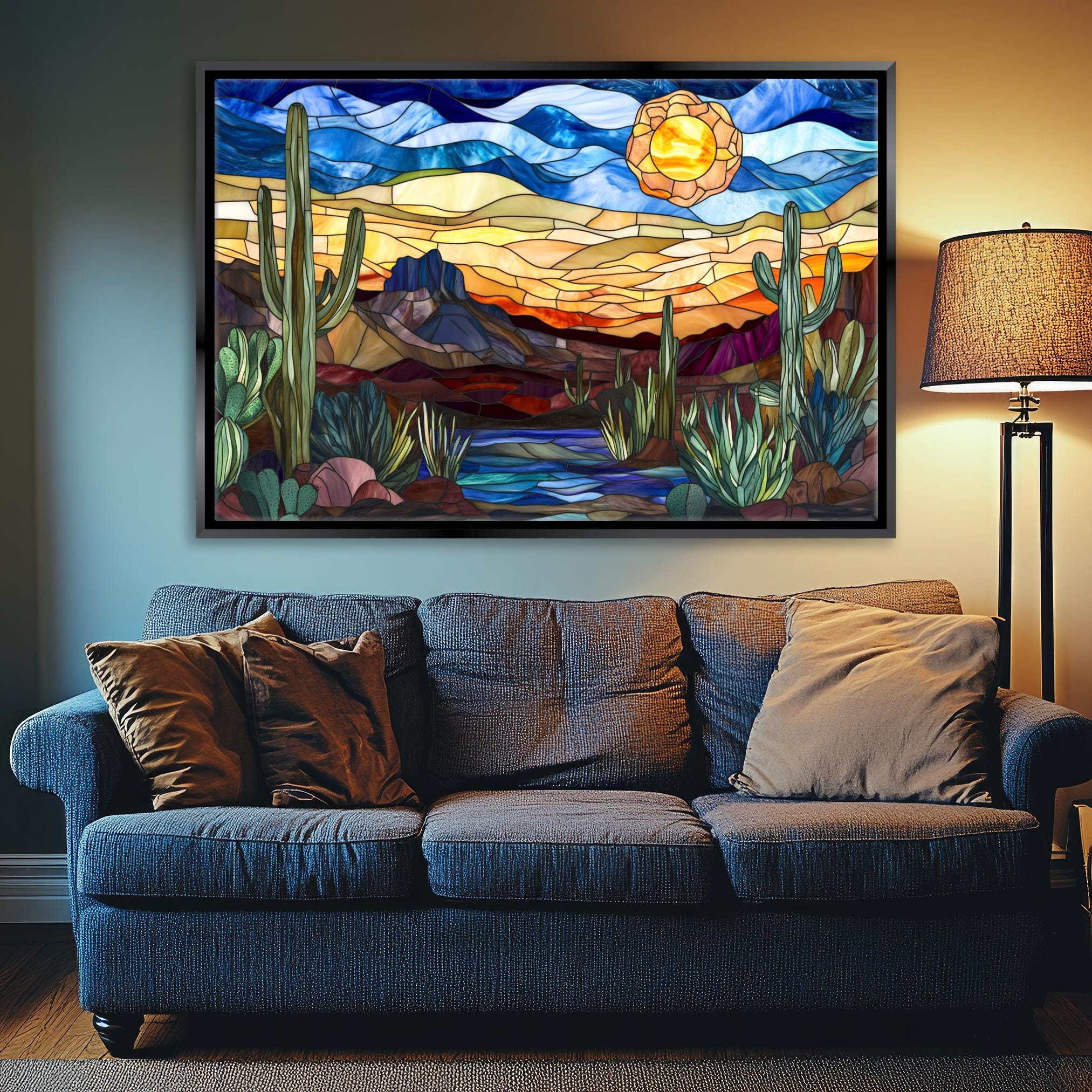 a living room with a couch and a painting on the wall