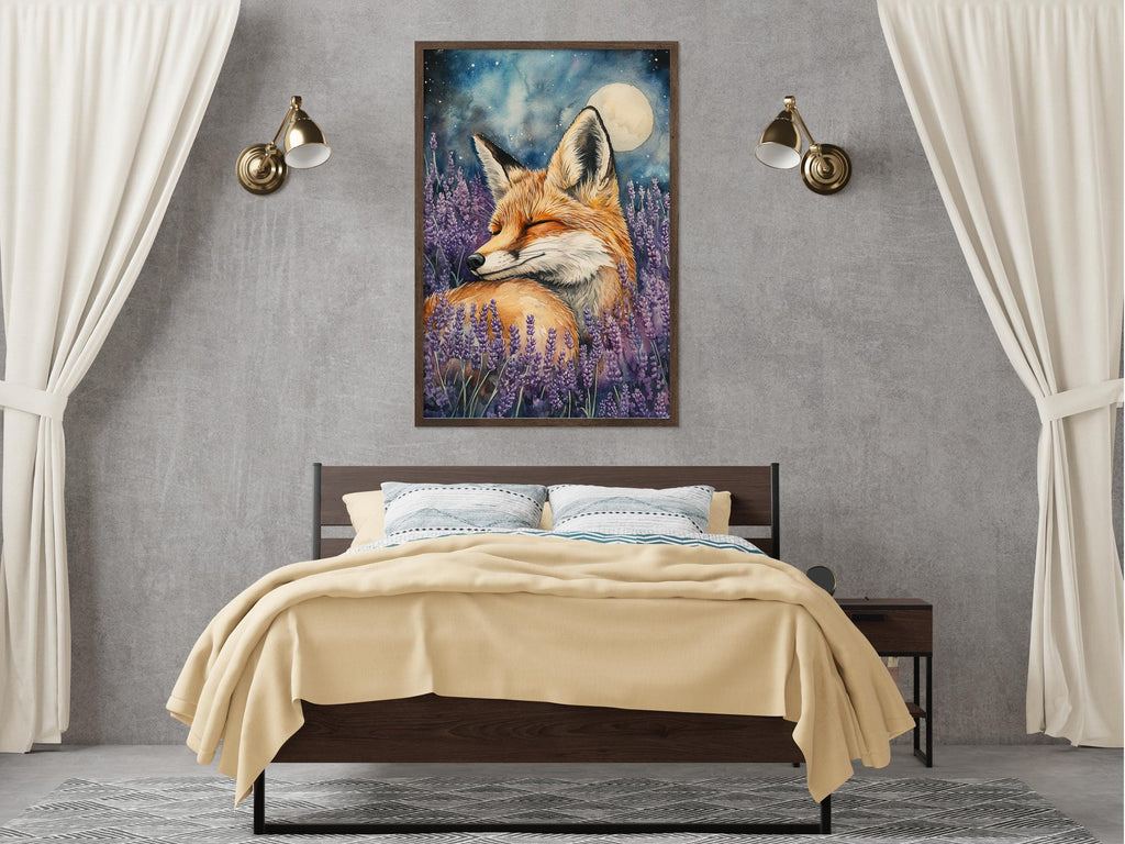 a bedroom with a large bed, a nightstand, and a framed painting of a fox resting in a field of lavender flowers. The painting is hung on the wall above the bed, creating a serene and peaceful atmosphere in the room.