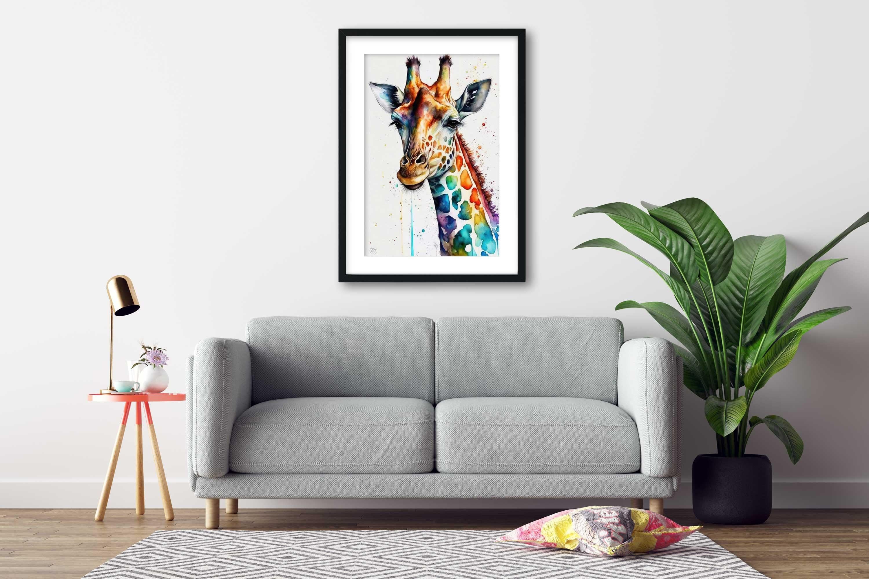 Giraffe Watercolor Art Print, Nursery Animal Canvas Print, Wildlife Framed Kids Wall Art