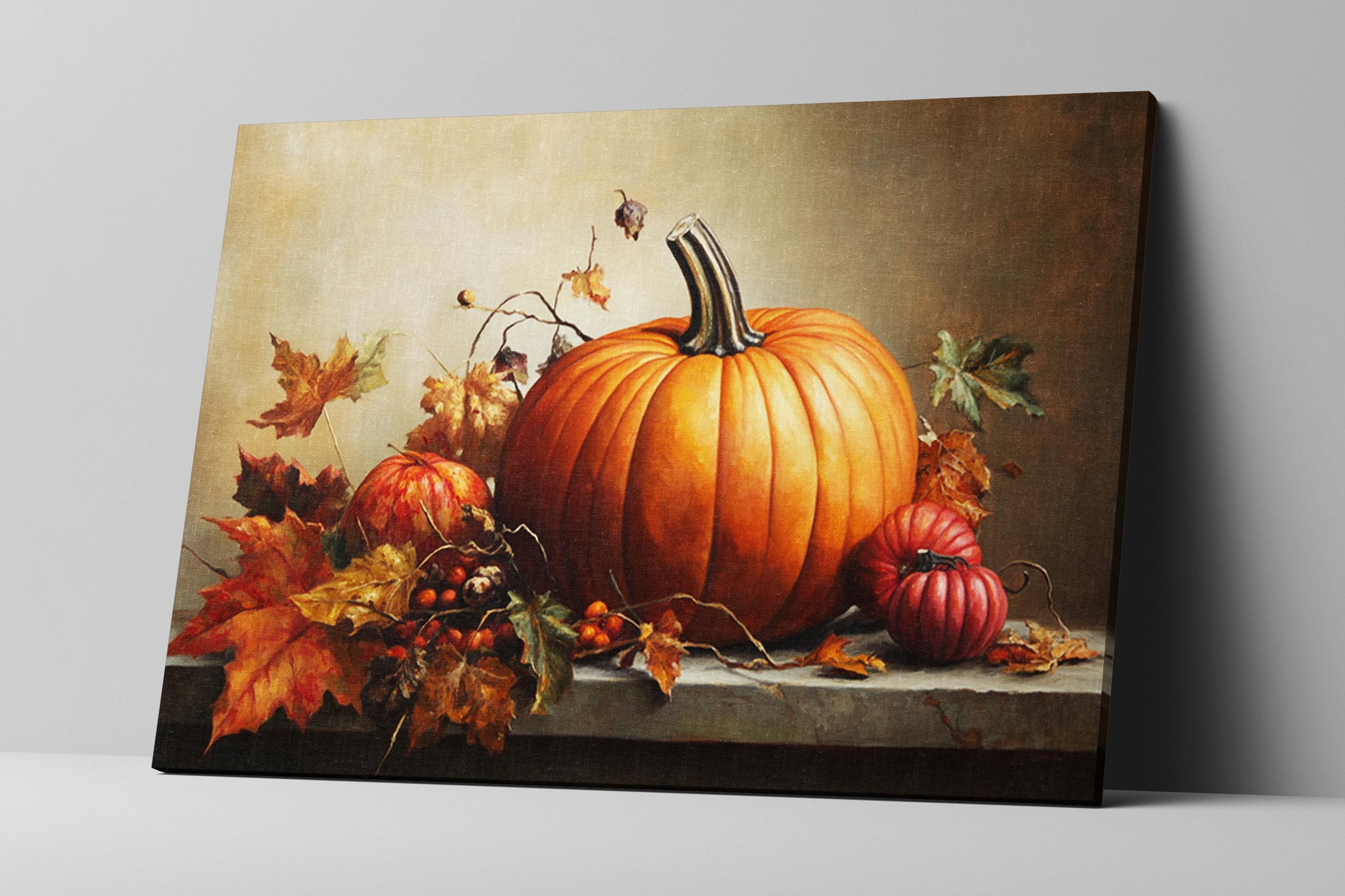 A painting of a large orange pumpkin surrounded by smaller pumpkins and autumn leaves on a shelf.
