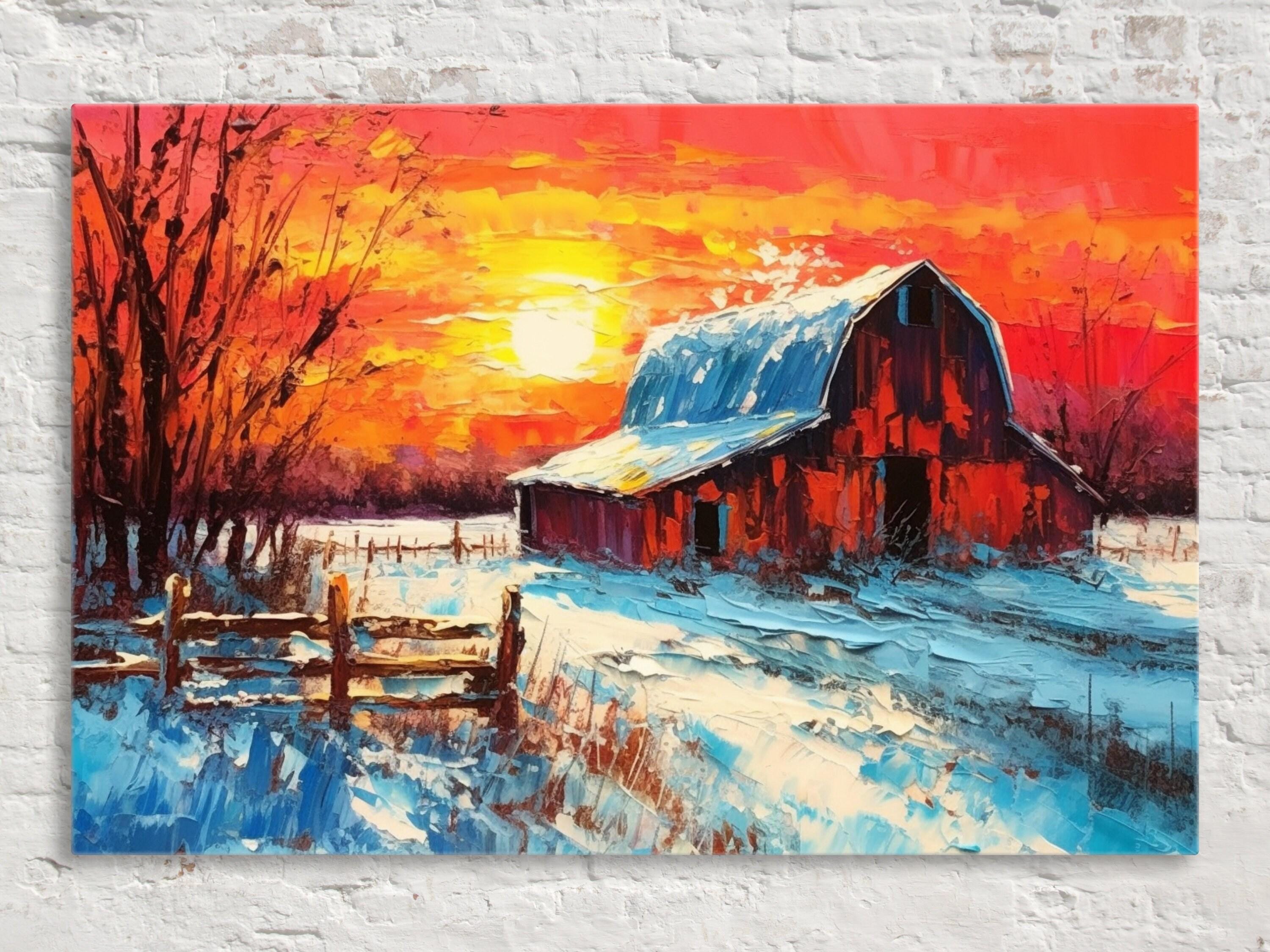 Wintery Farm Scene - Rustic Winter Canvas | Vintage Barn Landscape Print on Gallery Wrapped Canvas