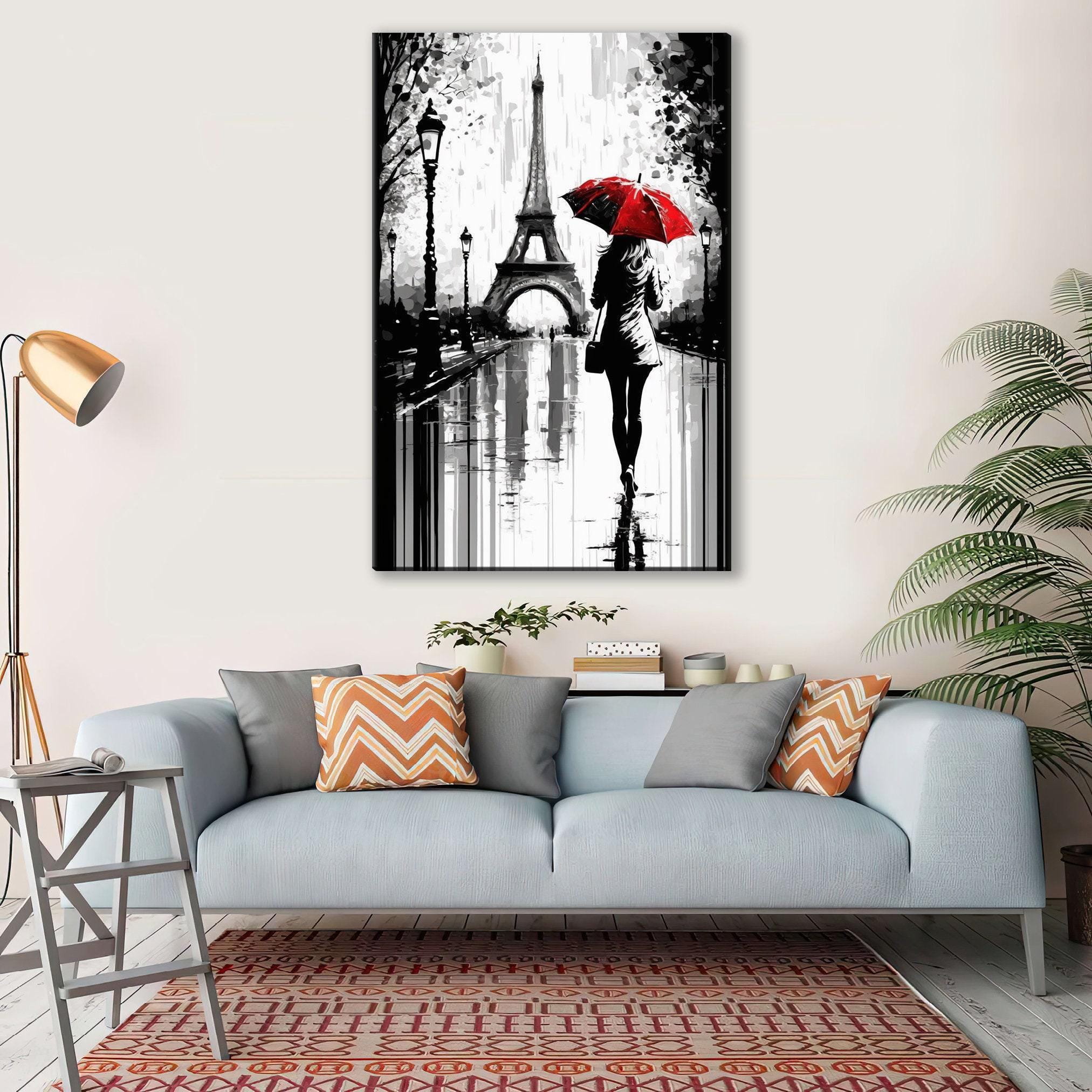 Paris Street Canvas – Woman with Red Umbrella | Black and White Art with Touch of Red