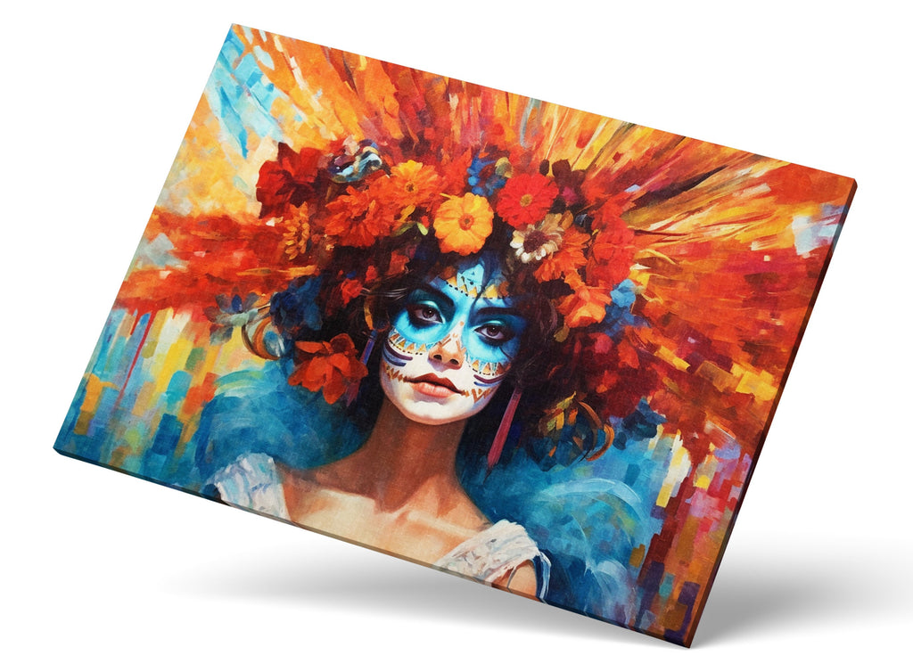 Day of the Dead Art - Large Canvas Sugar Skull Wall Art With Vibrant Flower Hair
