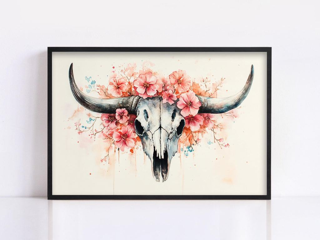 A framed painting depicting a skull with large horns and a floral arrangement surrounding it.