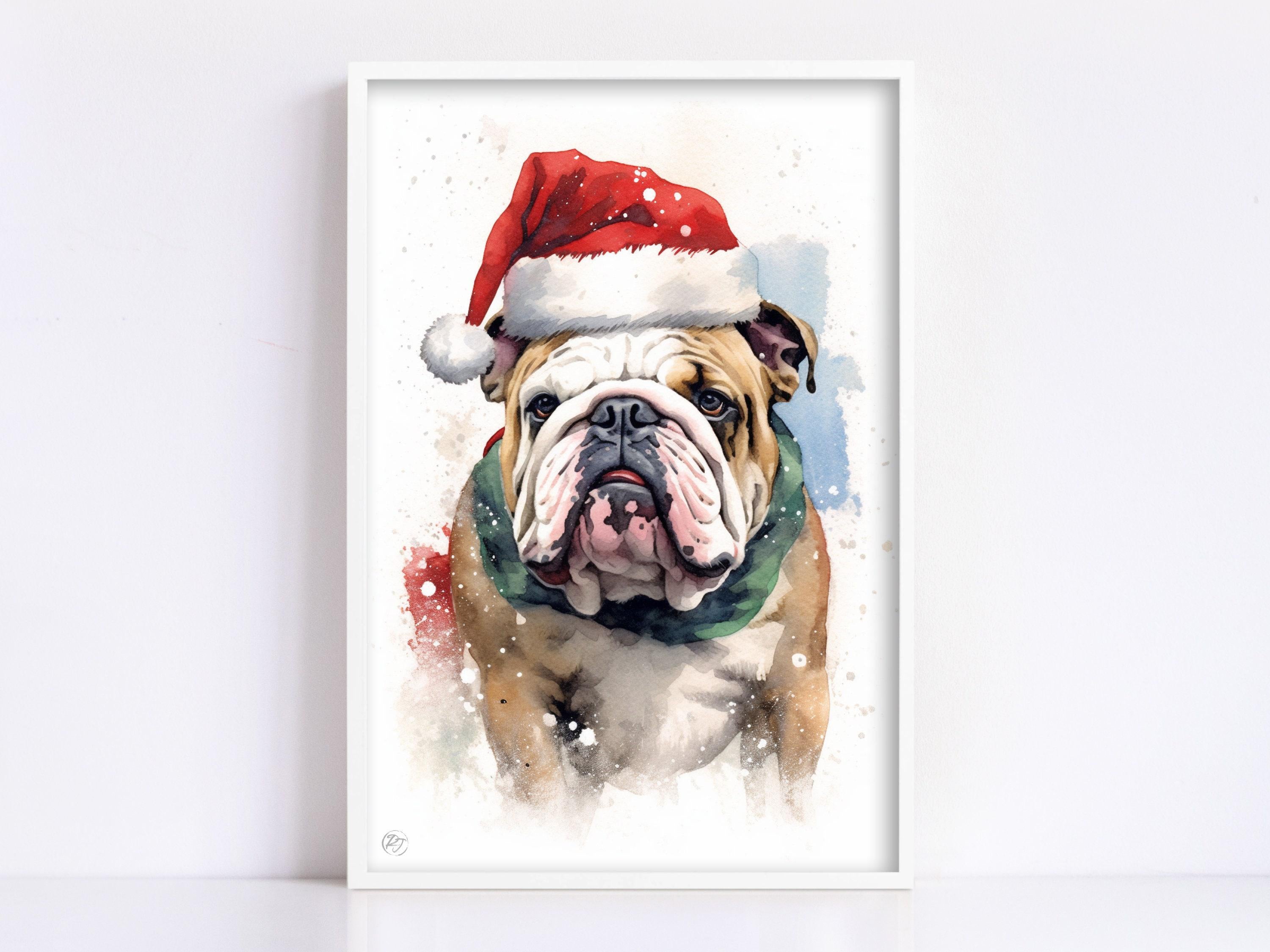 Festive English Bulldog in Santa Hat Watercolor Art, Giclee Print on Canvas, Artist Paper, Watercolor Paper, Available in Extra Large Sizes