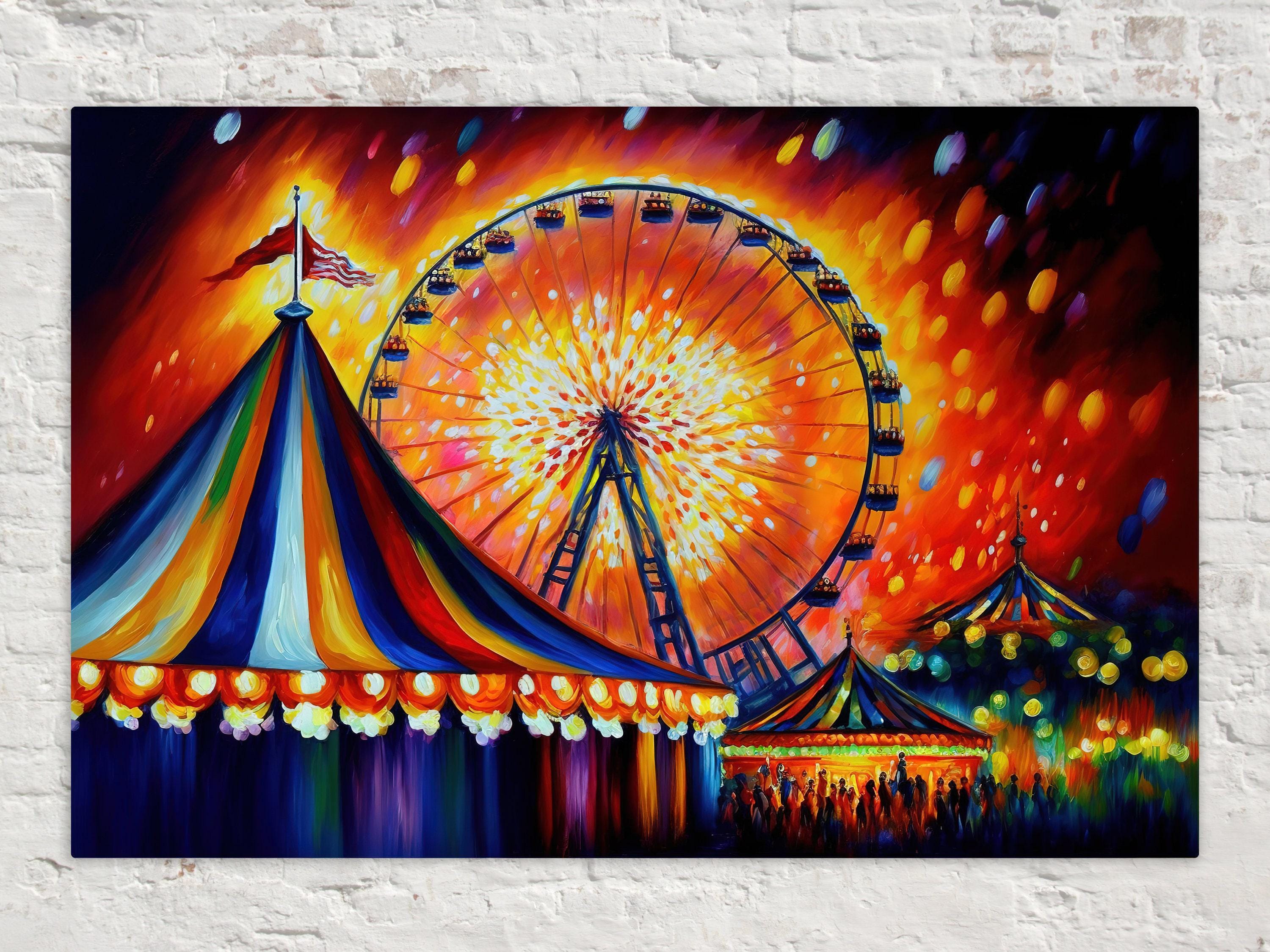 Carnival Canvas Wall Art – Vibrant Circus Painting Print With Ferris Wheel Giclee