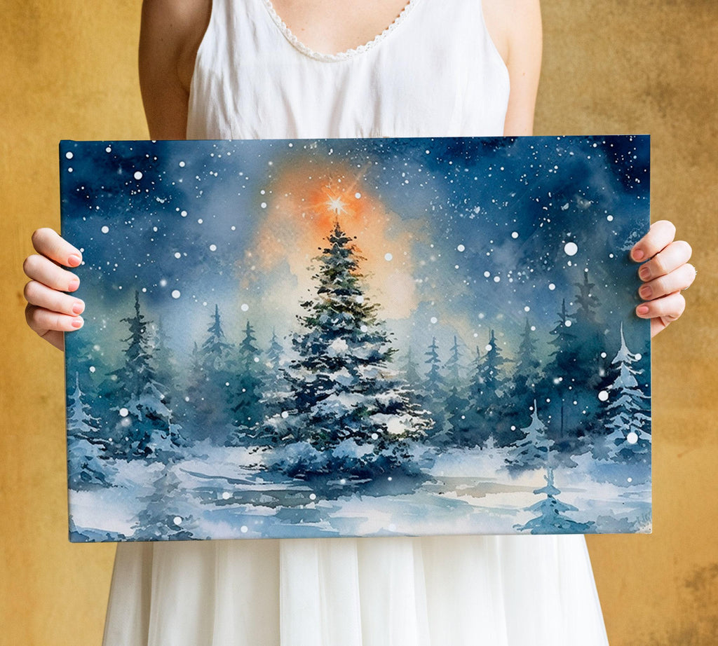 Beautiful Christmas Tree Winter Scene - Watercolor Painting, Print on Canvas, Artist Paper, Watercolor Paper, Available in Extra Large Sizes