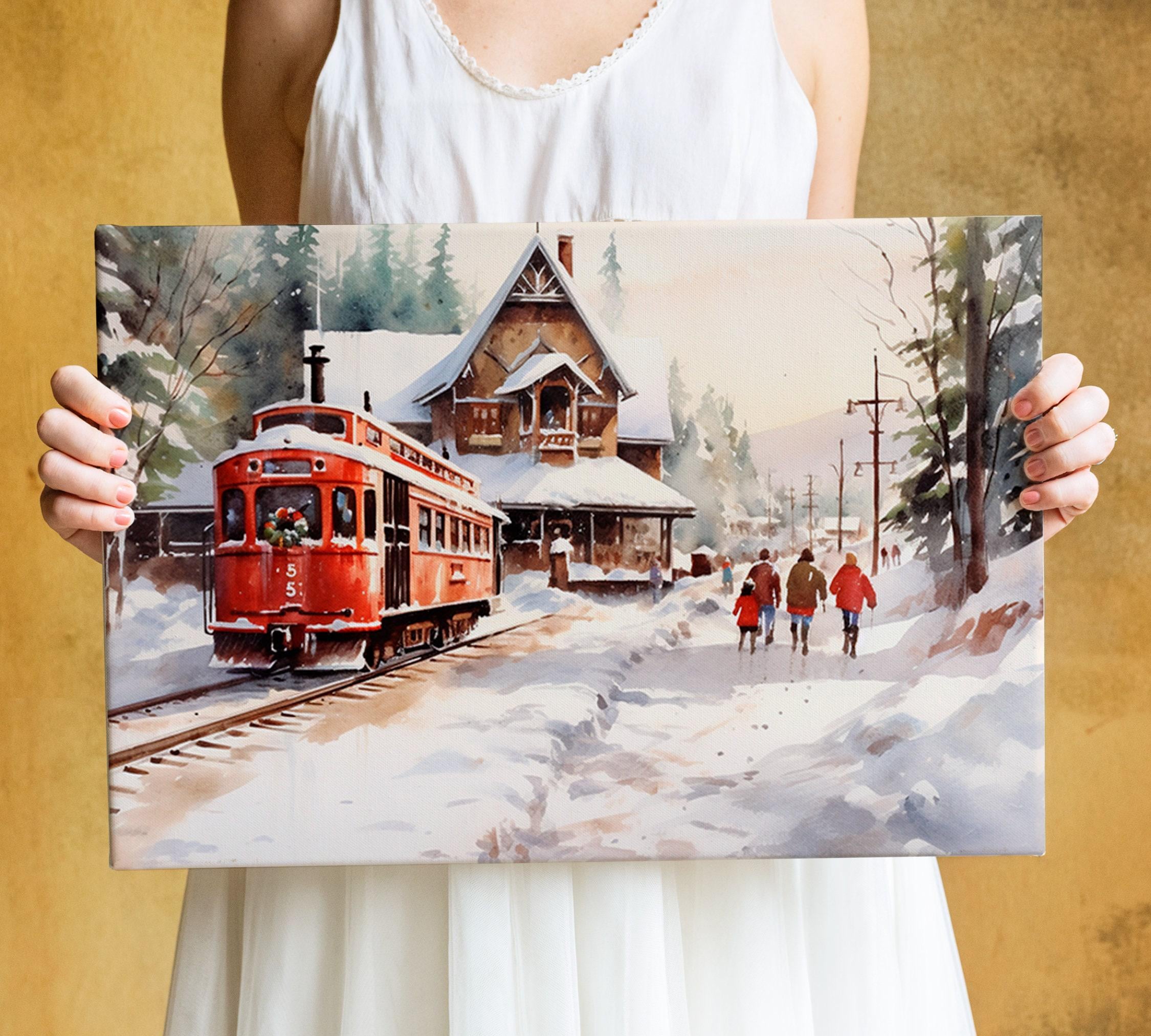 Winter Train Station Watercolor - Christmas Wall Art, Giclee Print on Canvas, Artist Paper, Watercolor Paper, Available in Extra Large Sizes