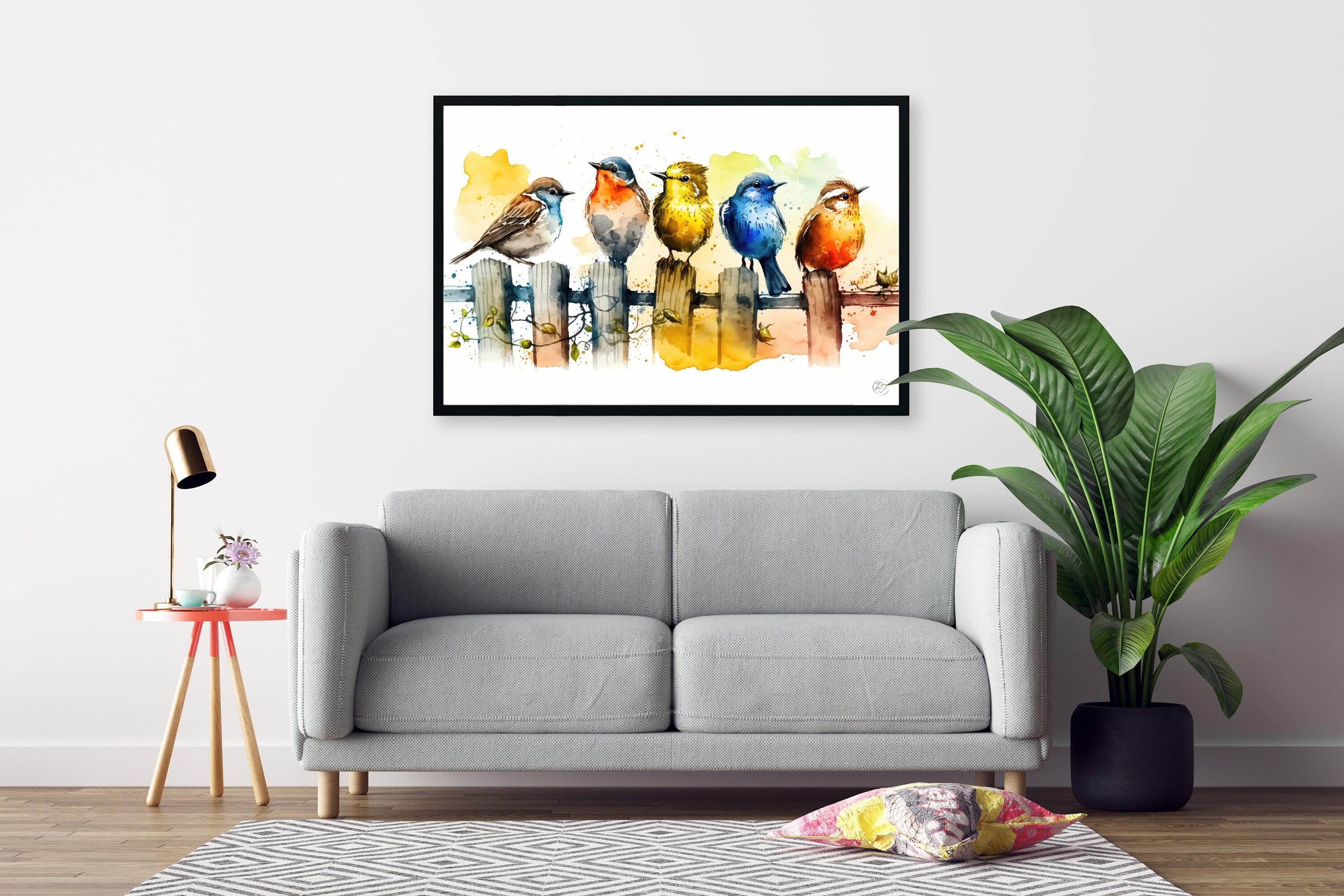 Birds Watercolor Art Print, Colorful Canvas Print, Nature Animals Framed Wall Art