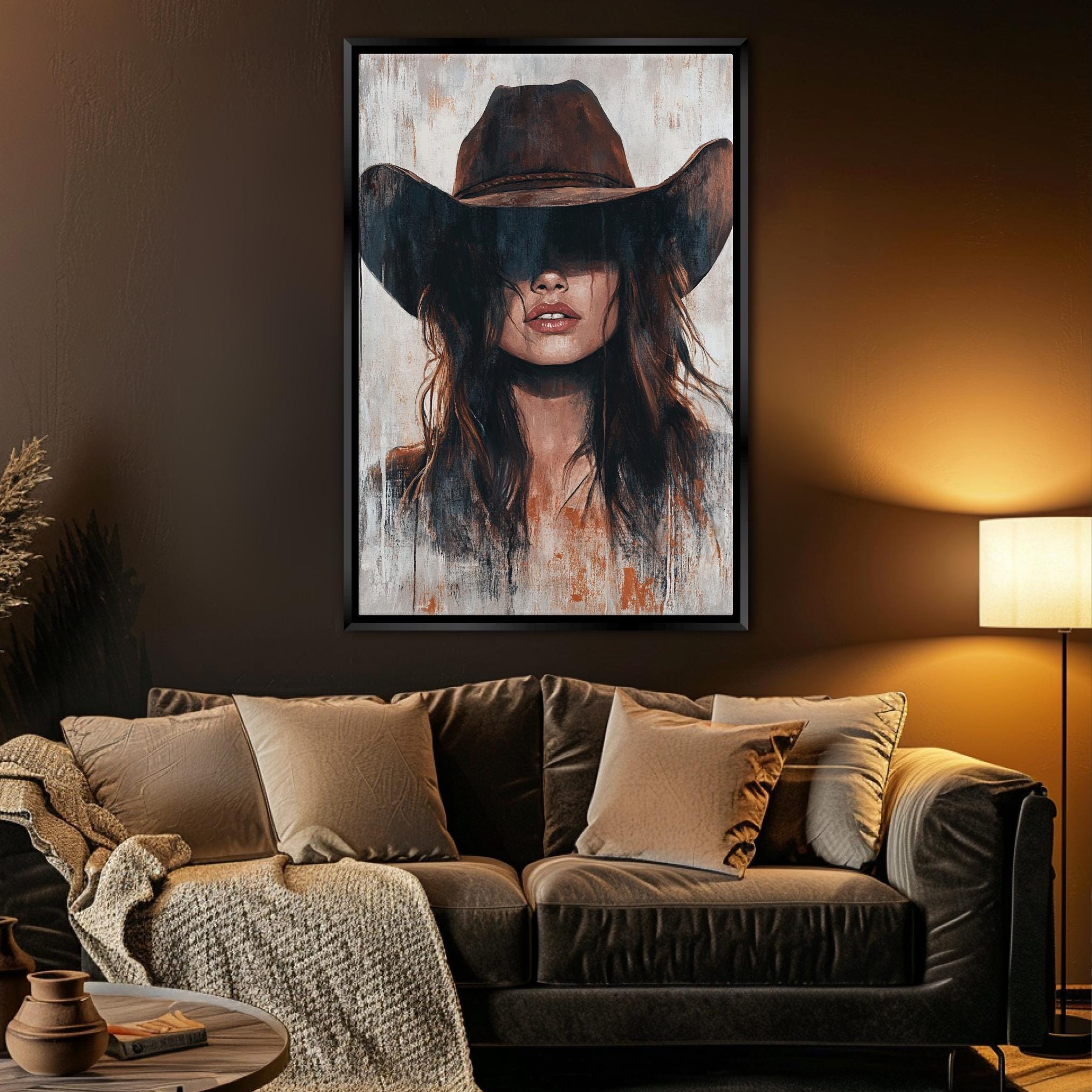 a painting of a woman wearing a cowboy hat