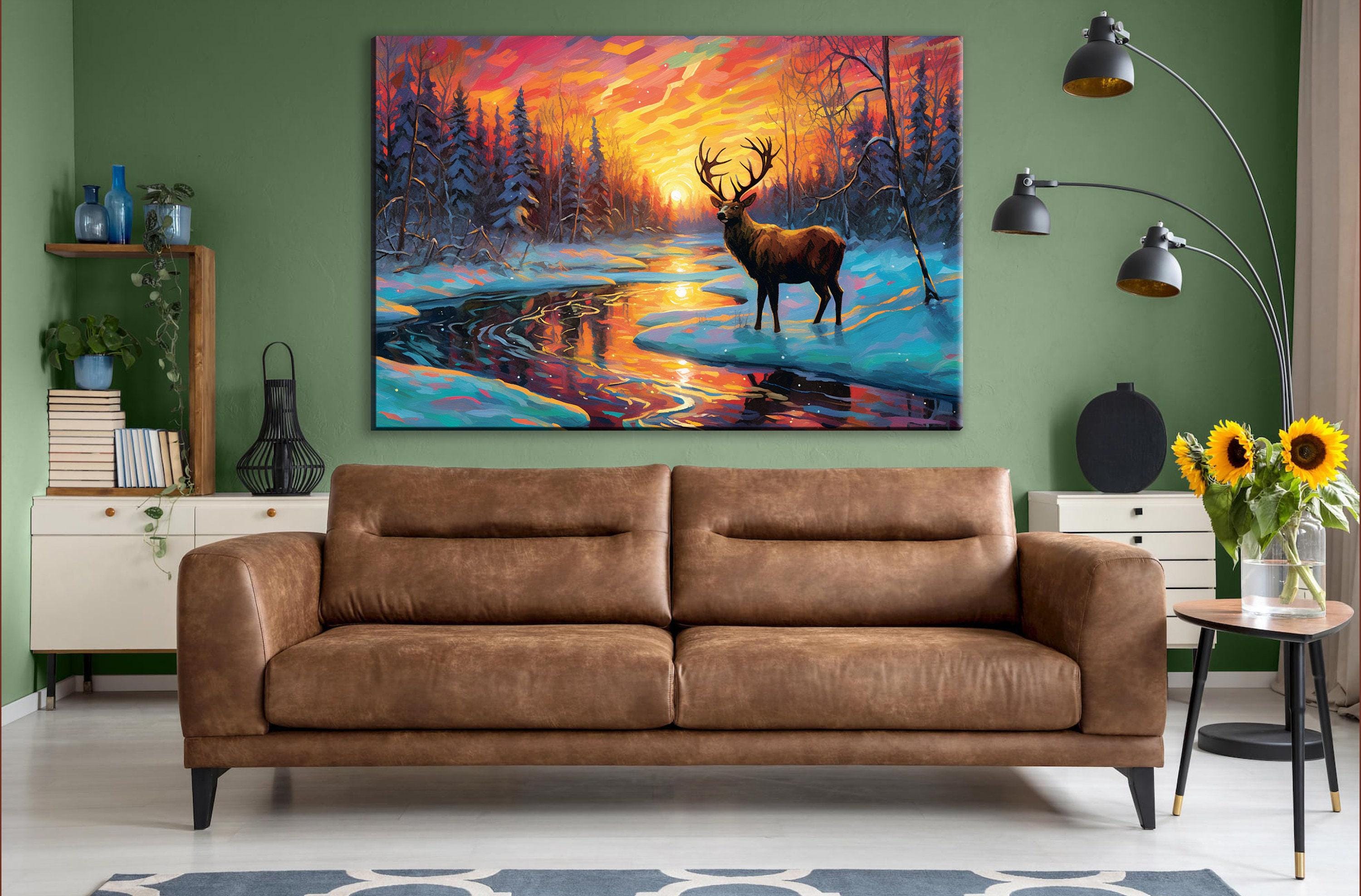 Winter Deer Sunset Art – Vibrant Snowy River Painting on Gallery Wrapped Canvas