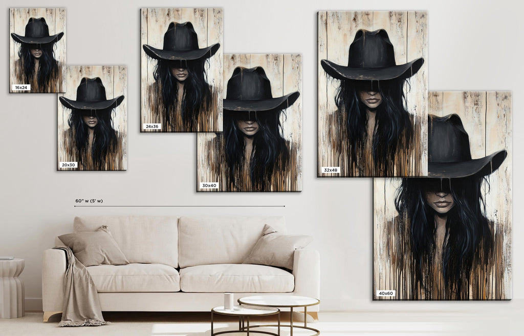 a living room with a couch and a painting of a woman wearing a cowboy hat