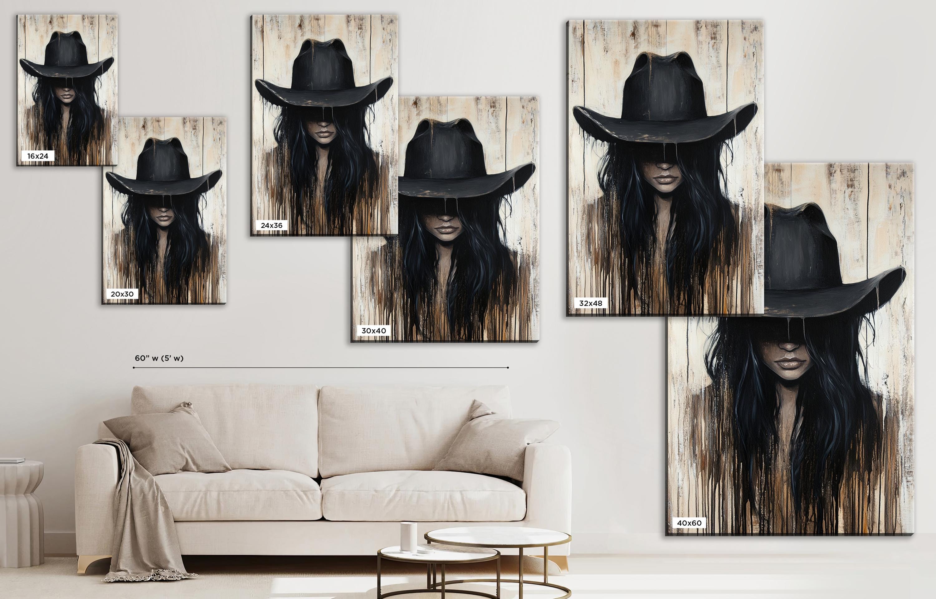 a living room with a couch and a painting of a woman wearing a cowboy hat