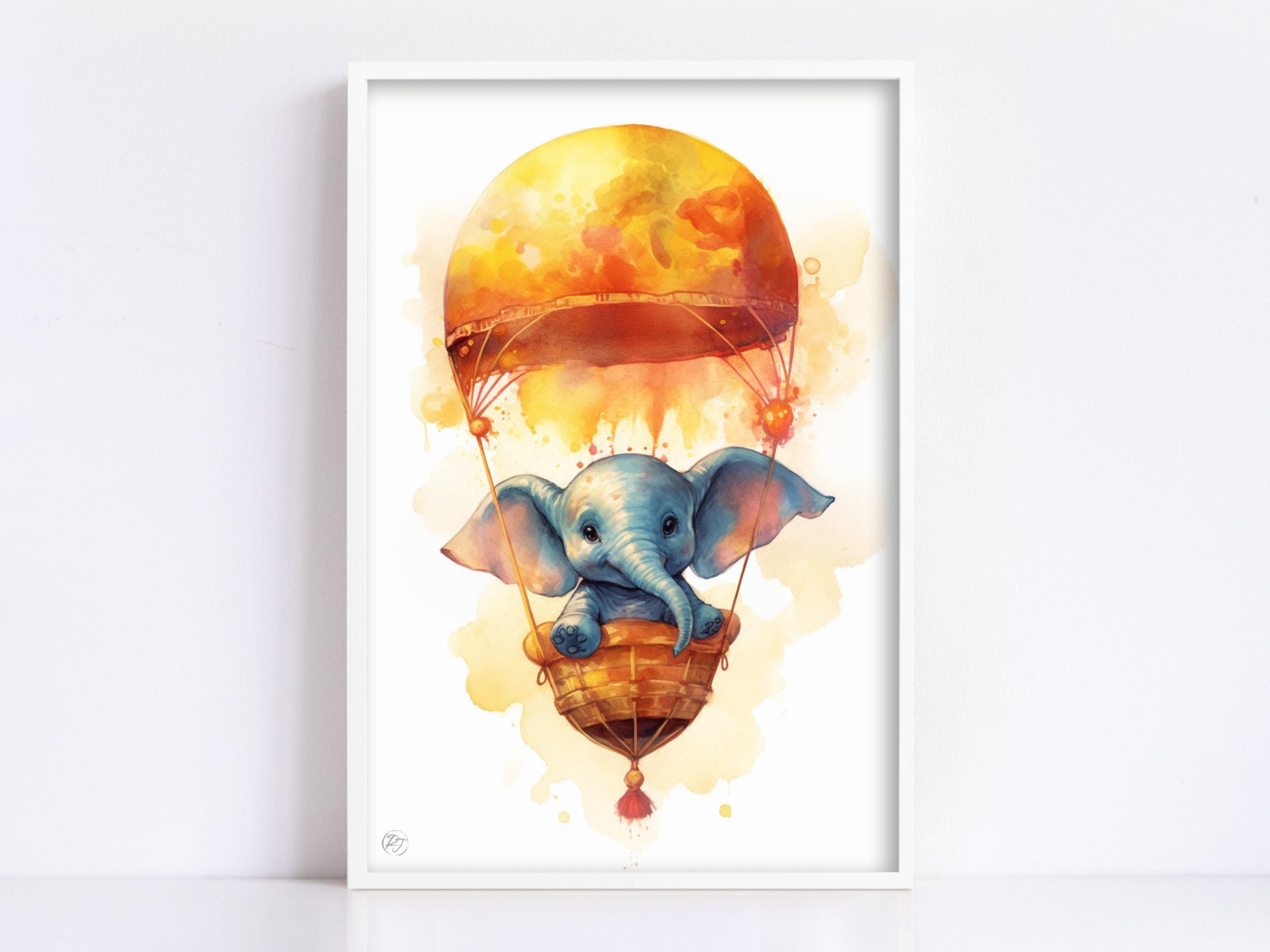 Baby Elephant Hot Air Balloon Watercolor Nursery Decor, Print on Canvas, Artist Paper, Watercolor Paper, Available in Extra Large Sizes