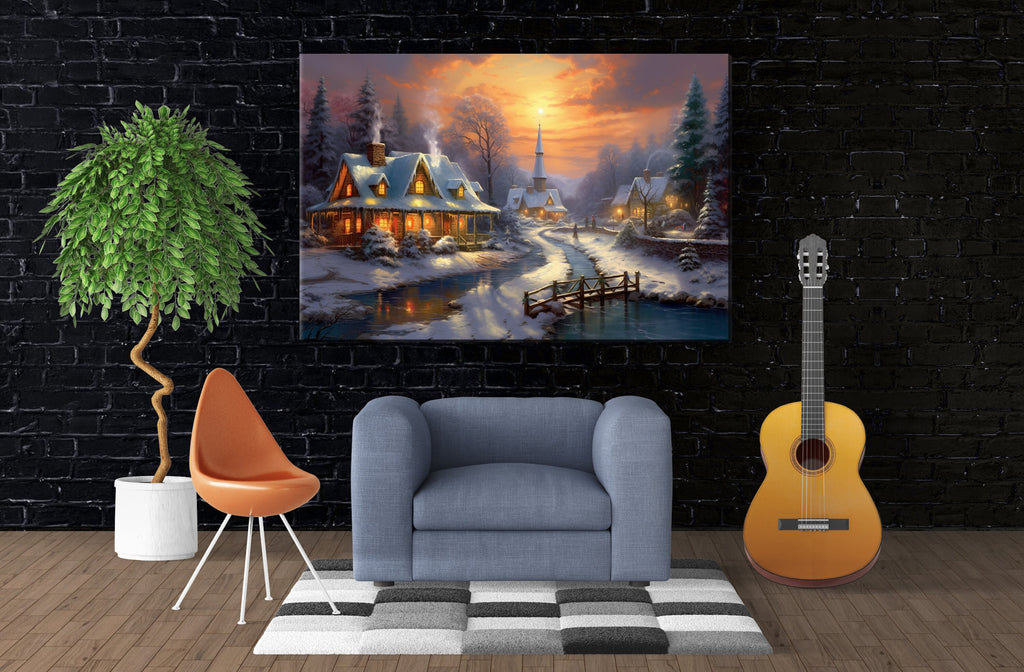 Christmas Canvas Art – Snowy Village Rustic Winter Landscape Print on Gallery Wrapped Canvas