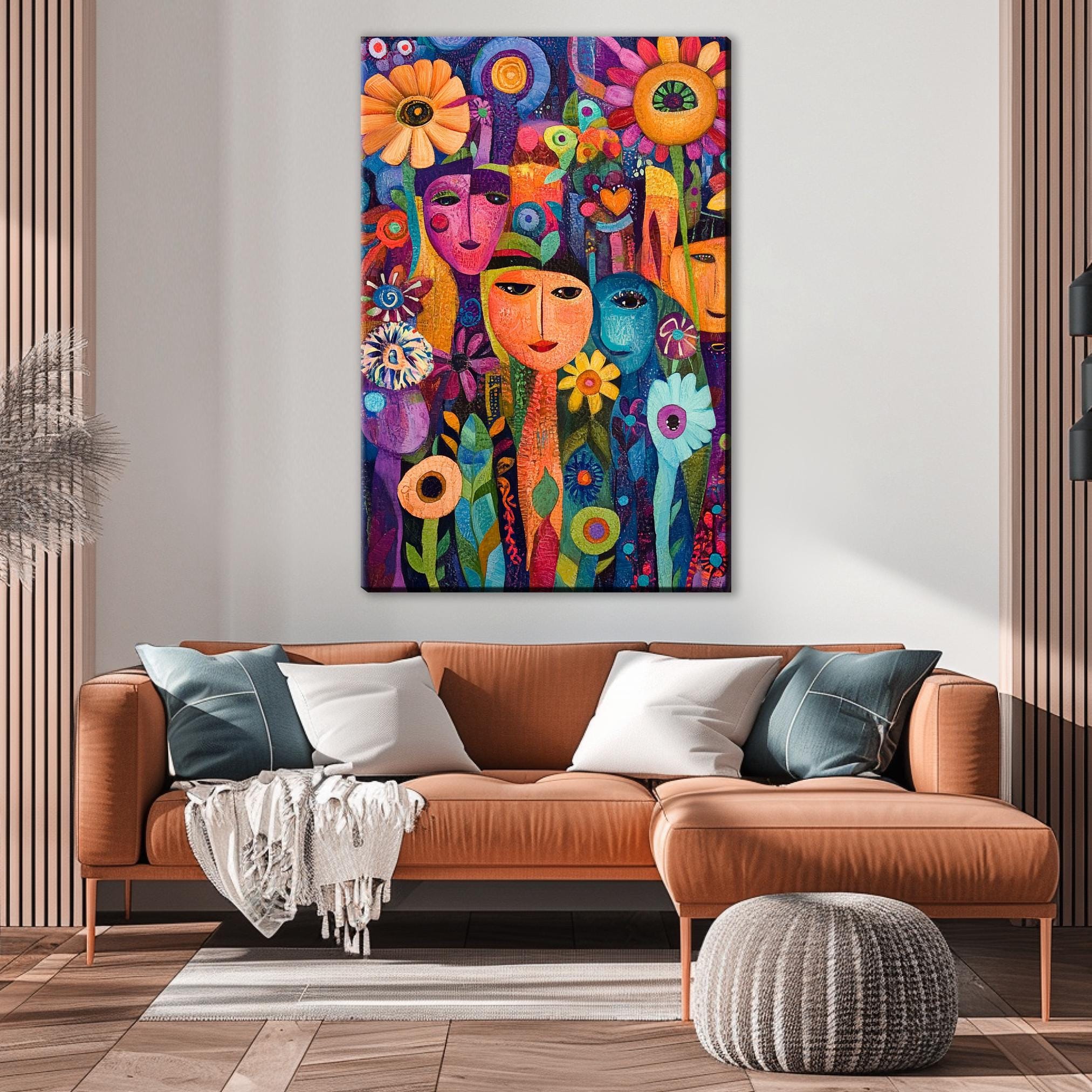 a living room with a couch and a painting on the wall