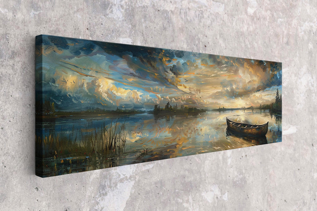 a painting of a boat on a lake