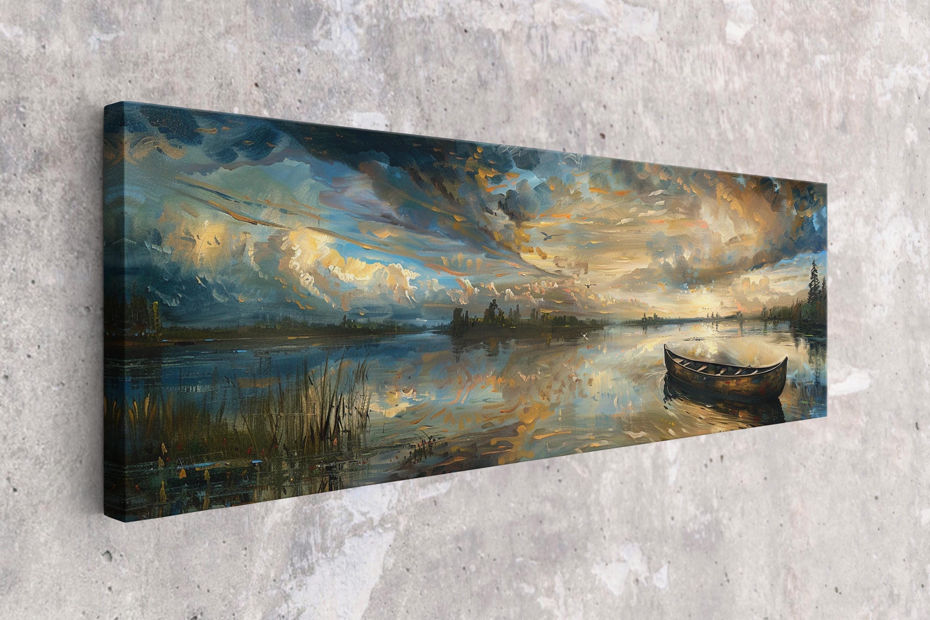 a painting of a boat on a lake