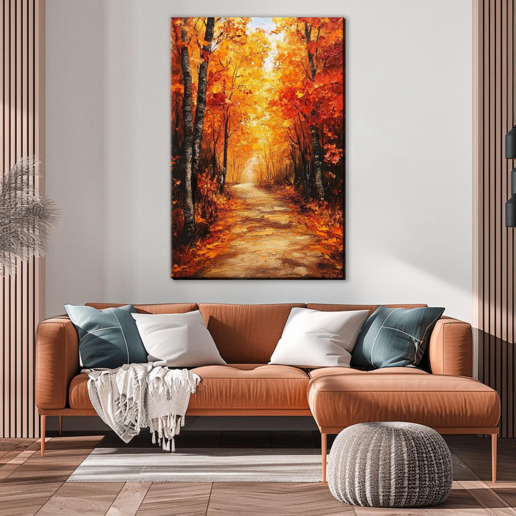 a large painting of a forest path with autumn trees, hanging on a wall above a brown leather couch with throw pillows.