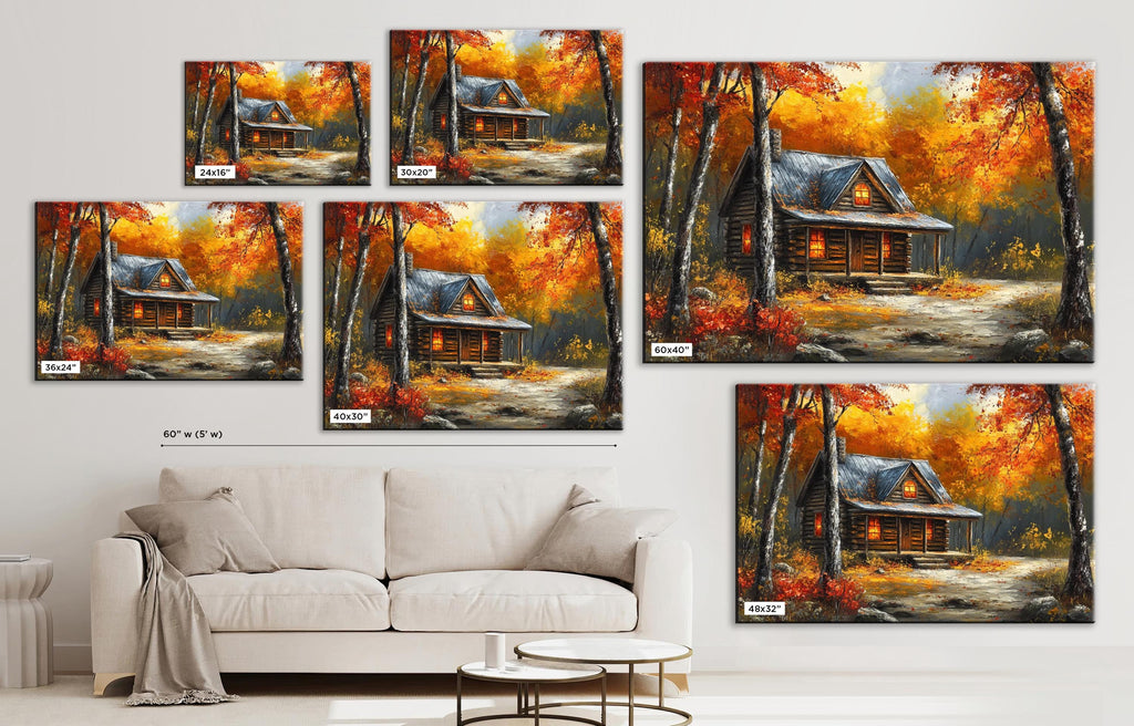 The image is a collage of six paintings depicting a cabin in a forest during autumn. The paintings are arranged in a grid-like pattern on the wall, showcasing the cabin surrounded by vibrant fall foliage. In the foreground, there is a white couch, and a coffee table is visible in the background.