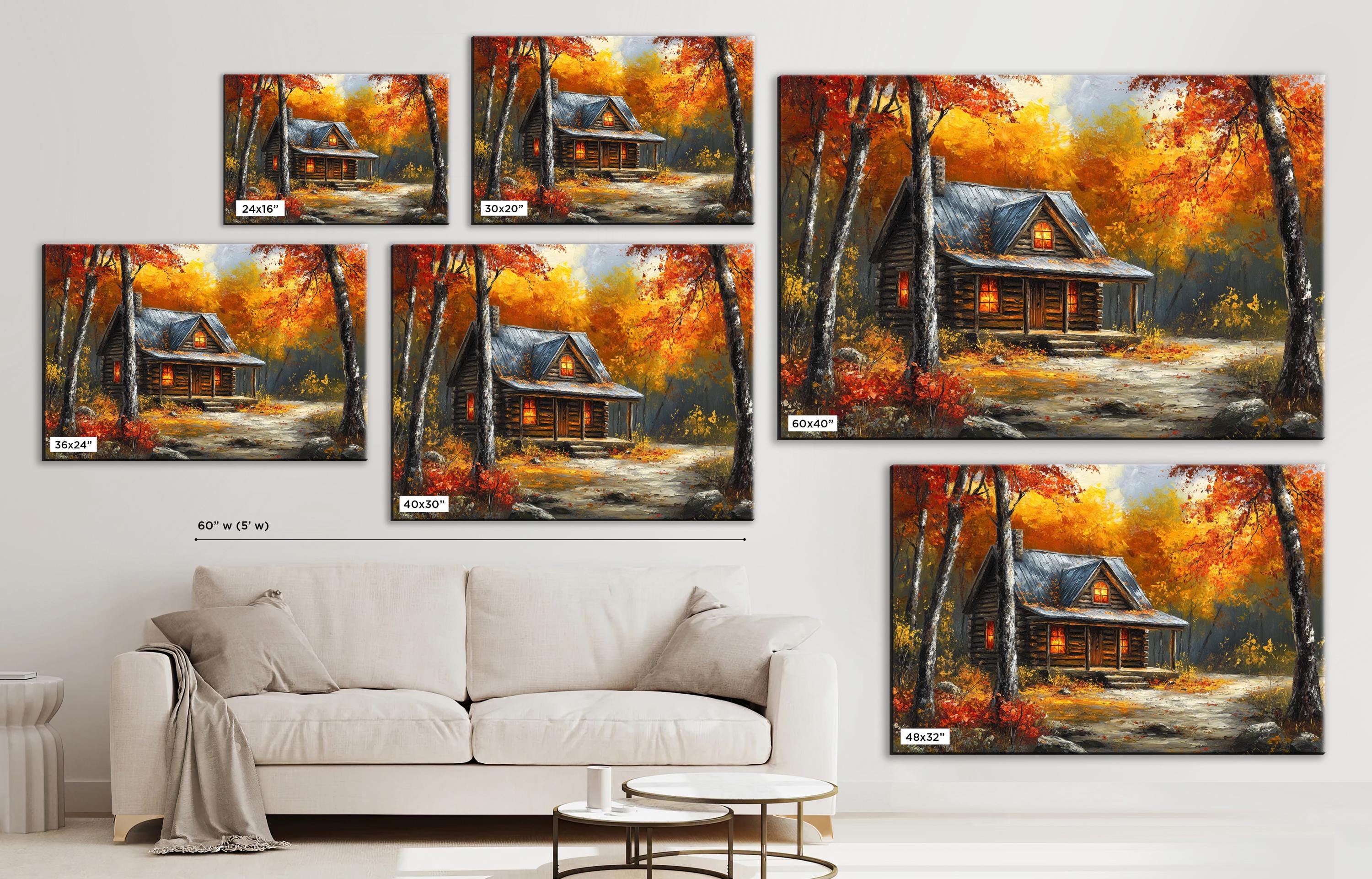The image is a collage of six paintings depicting a cabin in a forest during autumn. The paintings are arranged in a grid-like pattern on the wall, showcasing the cabin surrounded by vibrant fall foliage. In the foreground, there is a white couch, and a coffee table is visible in the background.