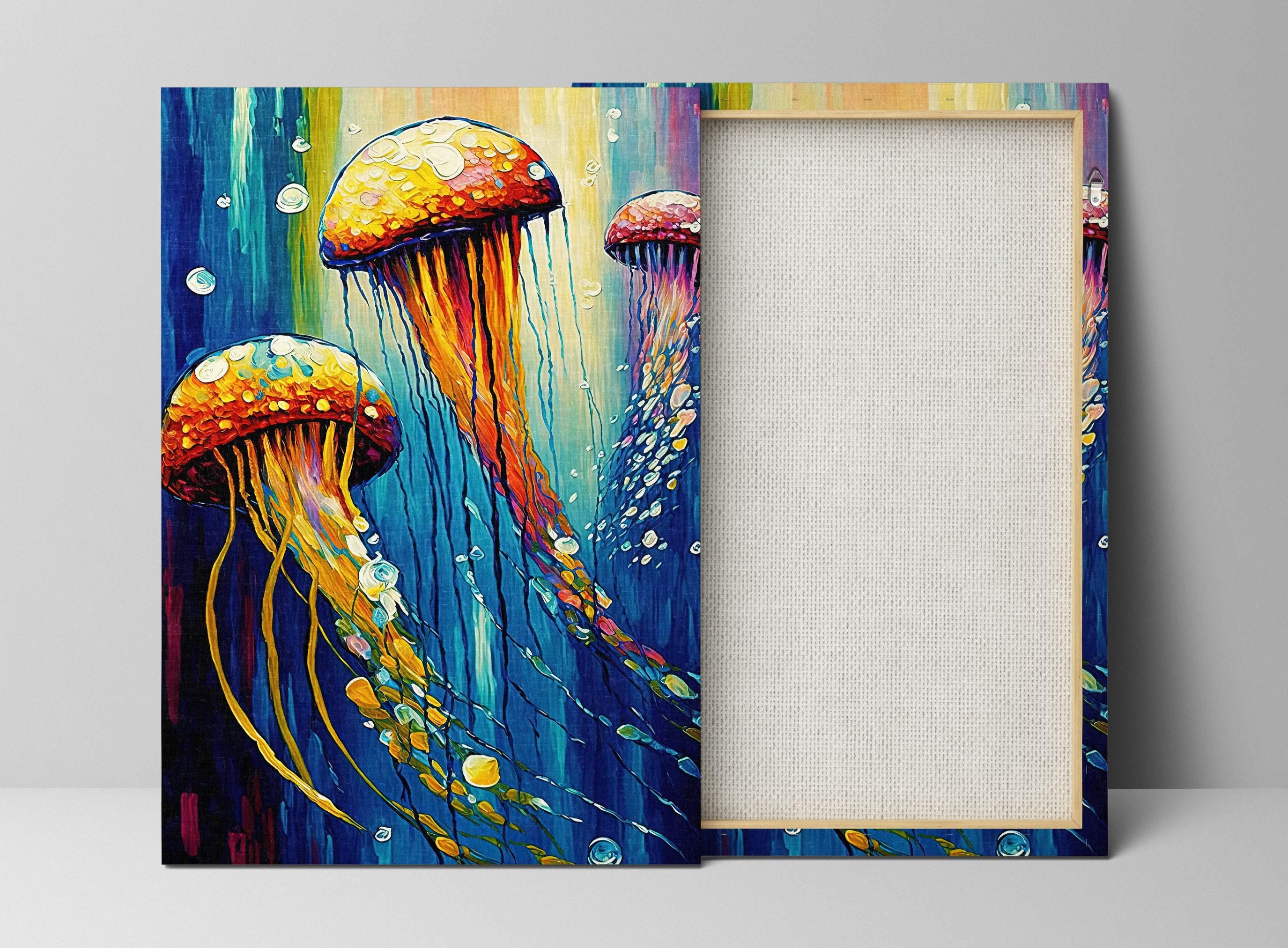 Jellyfish Art Print – Vibrant Trio Jellyfish Painting on Underwater Canvas