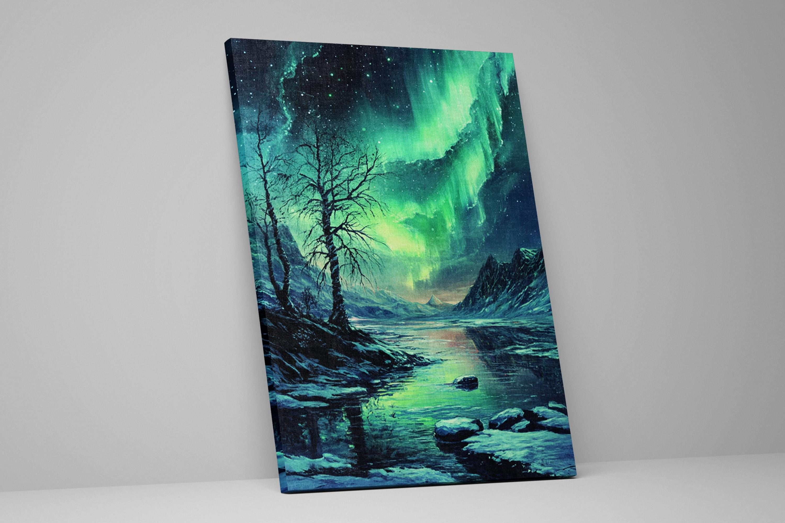 a painting of an aurora bore over a river