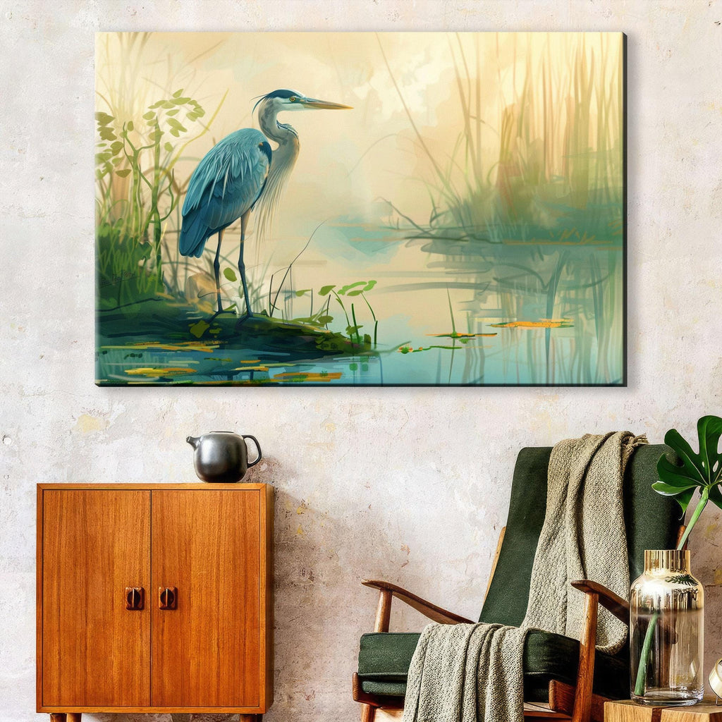 Blue Heron Wall Art – Large Canvas Print | Misty Morning Coastal Decor
