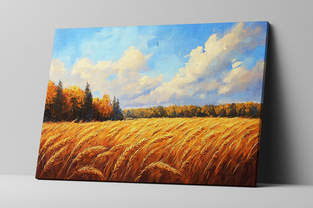 a serene landscape with a vast field of golden wheat under a blue sky dotted with fluffy white clouds.