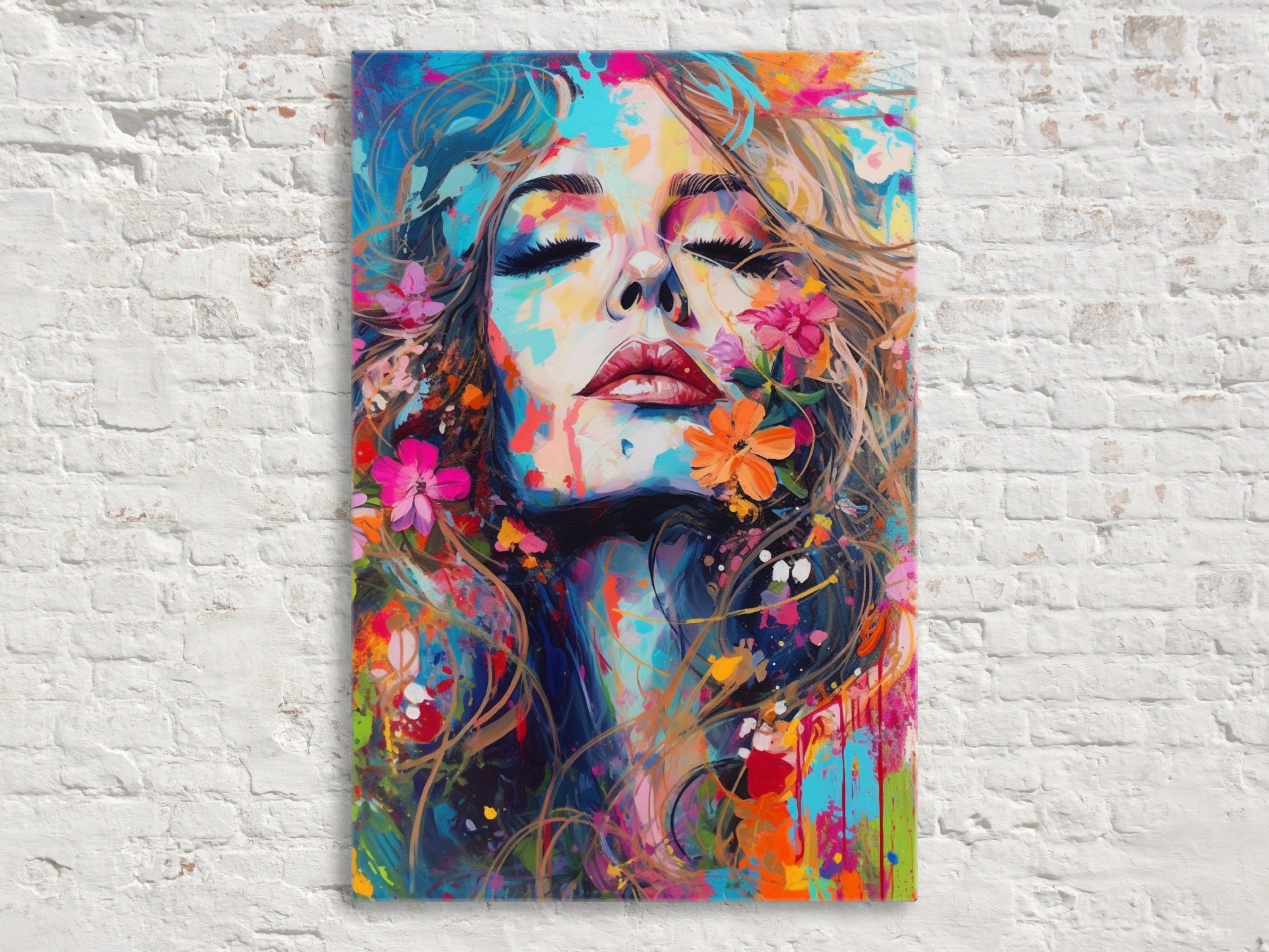 Woman Face Canvas - Large Floral Female Decor | Expressive Modern Art Print
