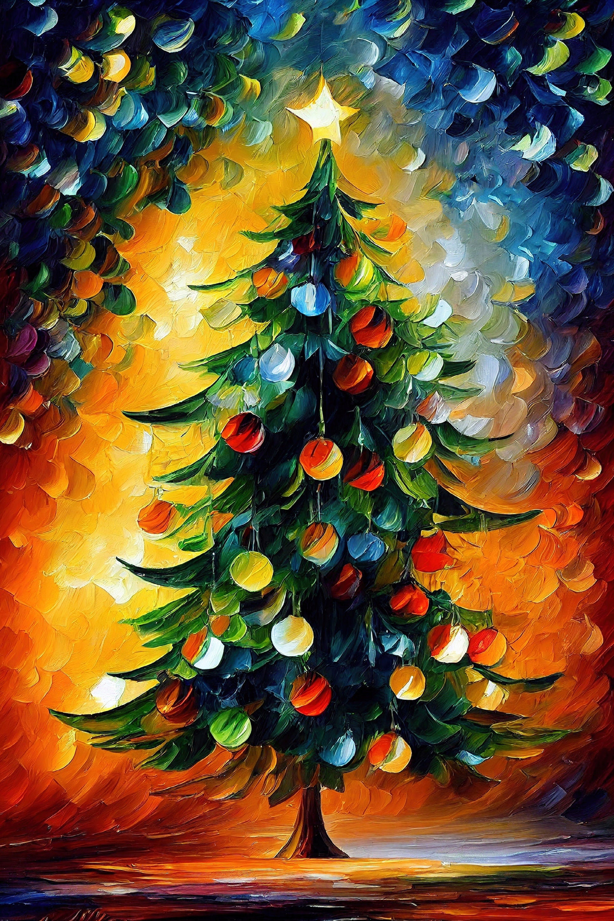 Christmas Tree Canvas Print – Festive Oil Painting With Wooden Frame Art