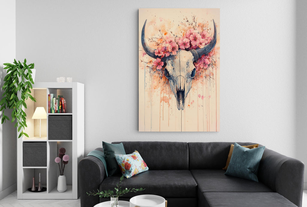 a living room with a black sectional sofa, a bookshelf, and a large wall art piece depicting a skull with pink flowers.