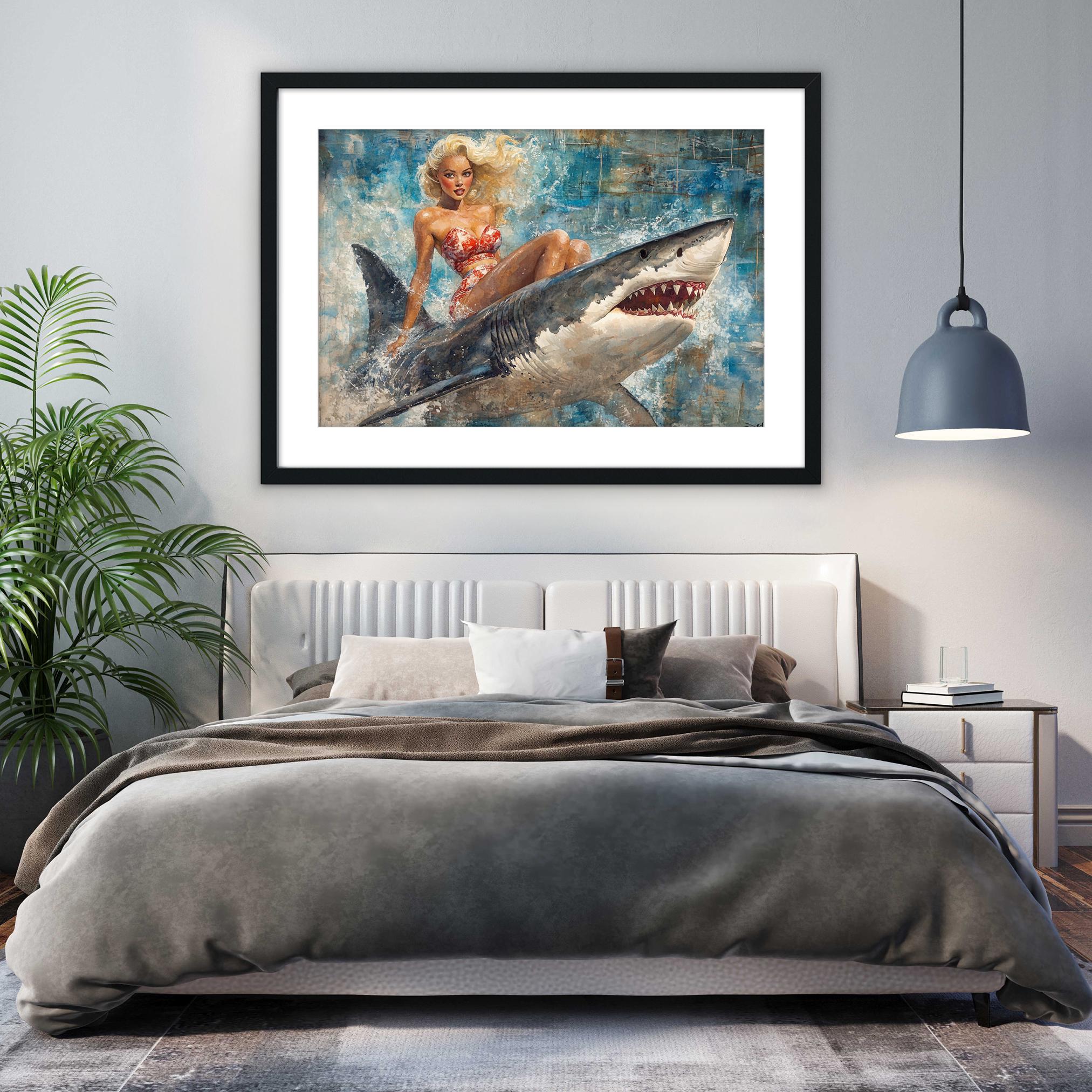 a painting of a woman sitting on top of a shark