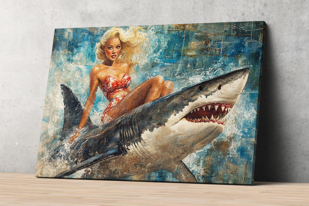 a painting of a woman sitting on a shark