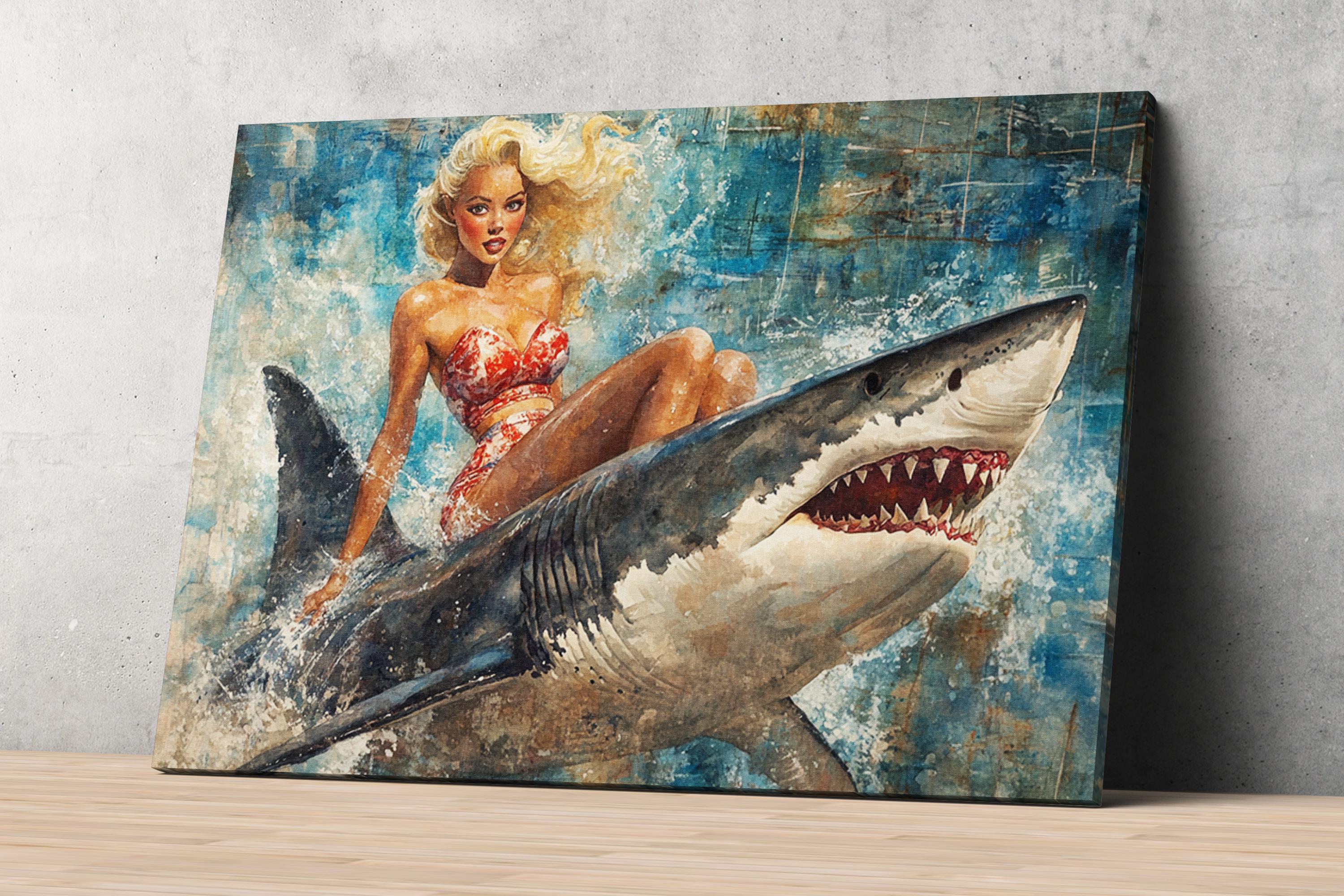 a painting of a woman sitting on a shark