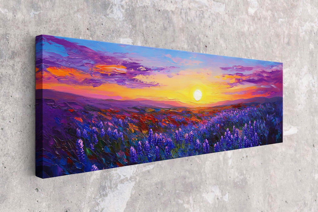 a painting of a sunset over a field of flowers