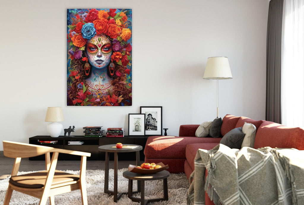 Sugar Skull Wall Art – Floral Skull Canvas Featuring Vibrant Mexican Remembrance Painting