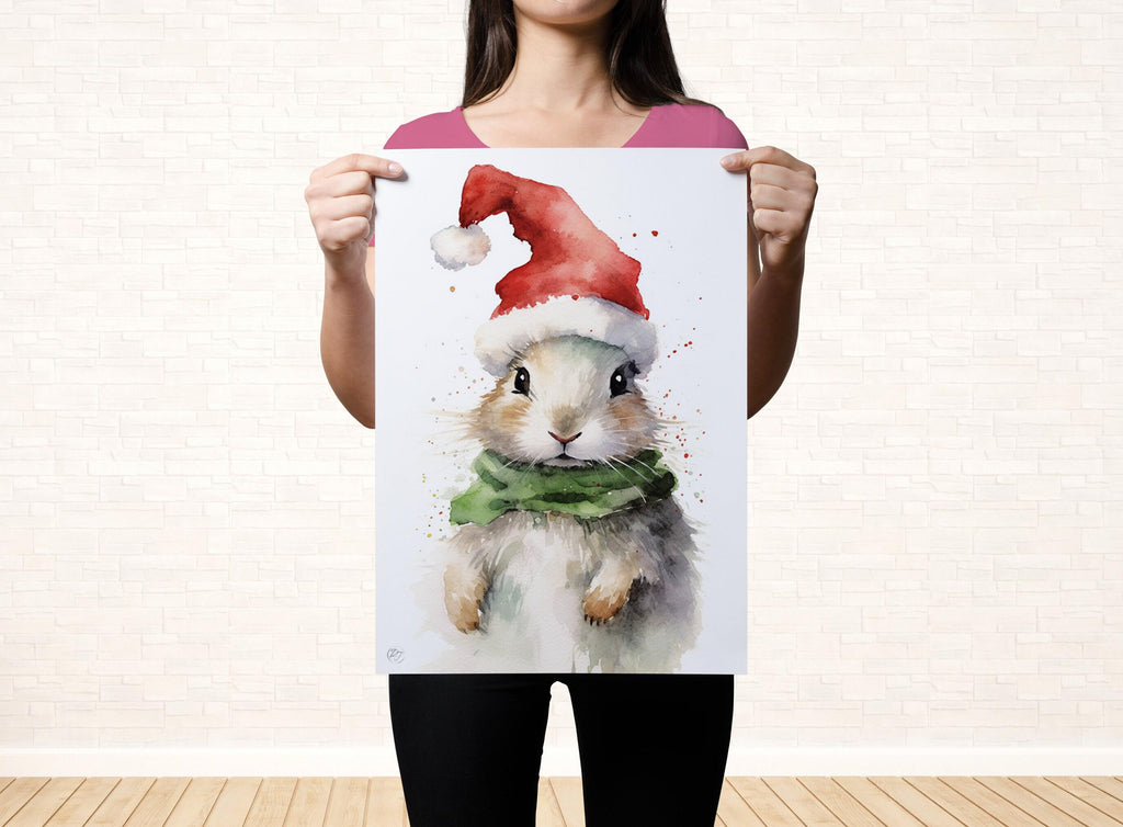 Festive Bunny in Santa Hat Watercolor Art Print, Giclee Print on Canvas, Artist Paper, Watercolor Paper, Available in Extra Large Sizes